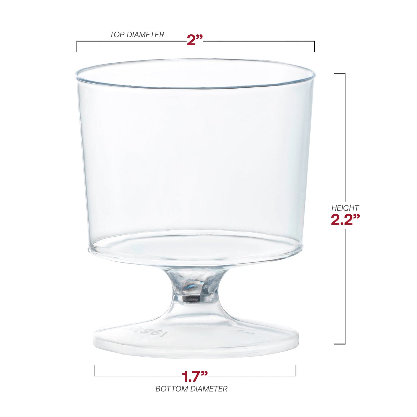 Clear round plastic disposable mini wine glasses in a 480-pack, each holding 2 oz, measuring 2” x 2.2” x 1.7”