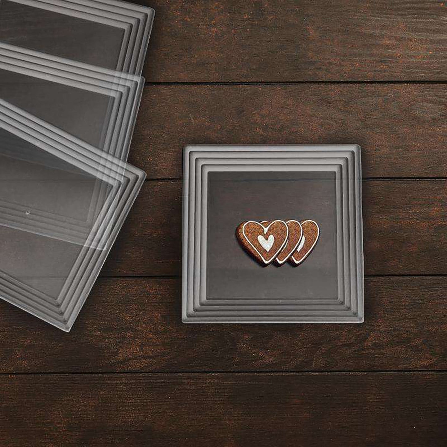 Clear serving tray with SKU 7926 shown alongside black and white versions for color comparison