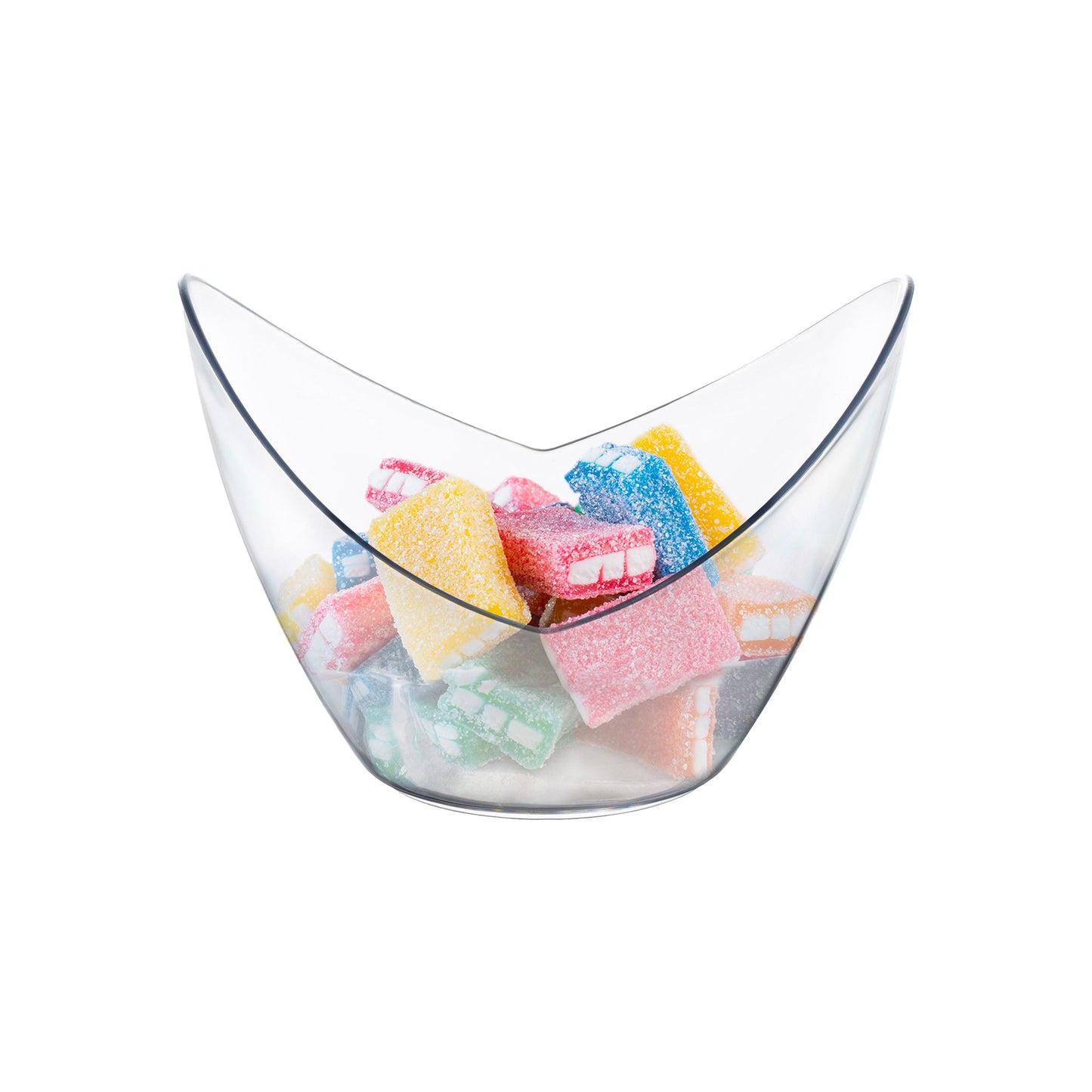 Clear small disposable plastic concave cups, 2 oz capacity, 3.25" x 3", ideal for single-serve desserts, snacks, or drinks, 288 cups per case.