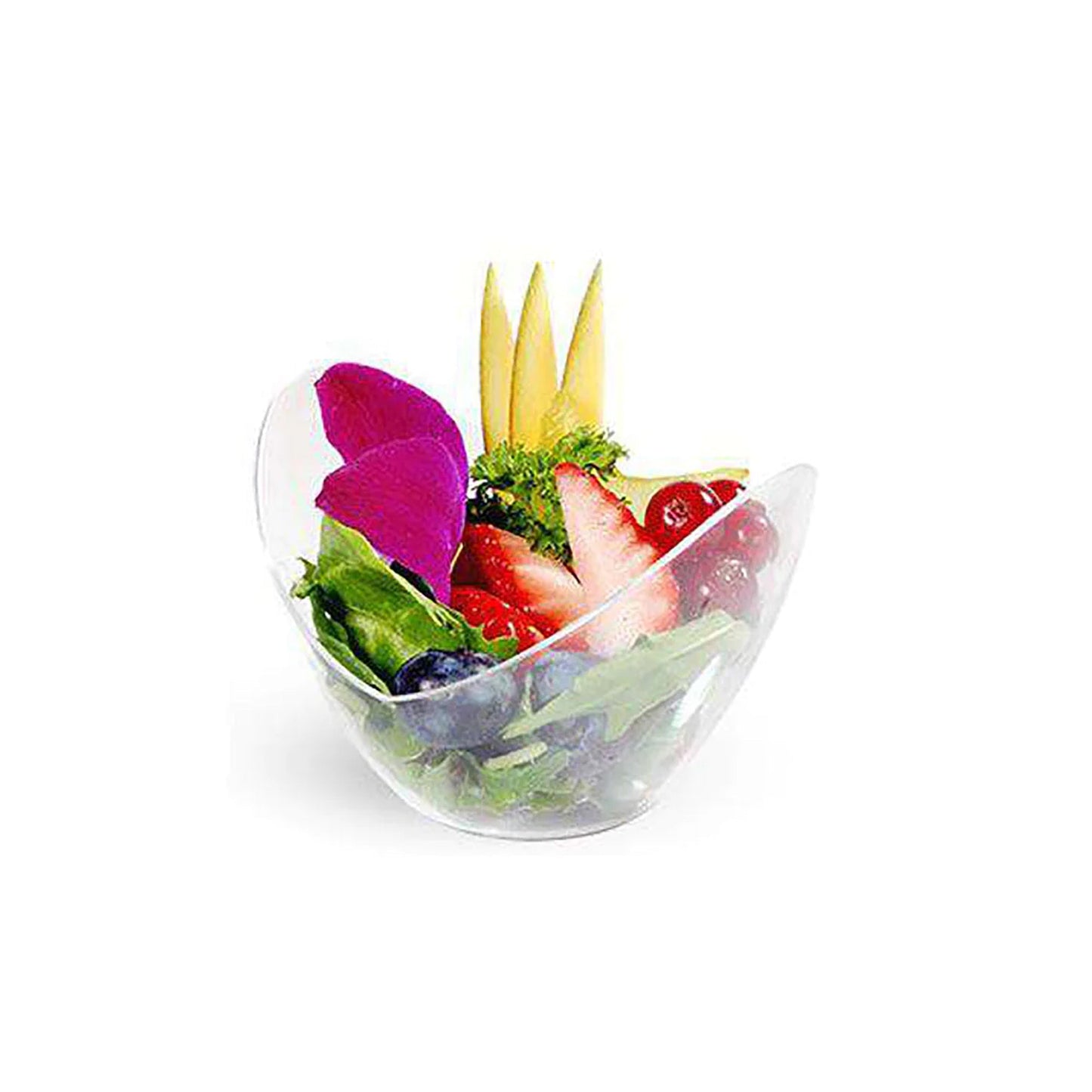 Clear small disposable plastic concave cups, 2 oz capacity, 3.25" x 3", perfect for single-serve portions at parties or events, 288 cups per case.