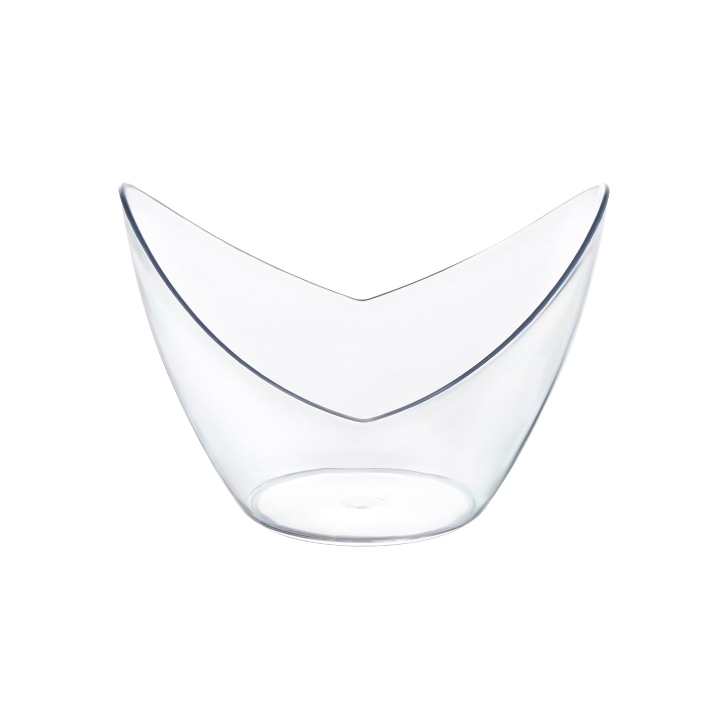 Clear small disposable plastic concave cups, 3.25" x 3", 2 oz capacity, perfect for serving drinks, appetizers, or desserts, 288 cups per case.