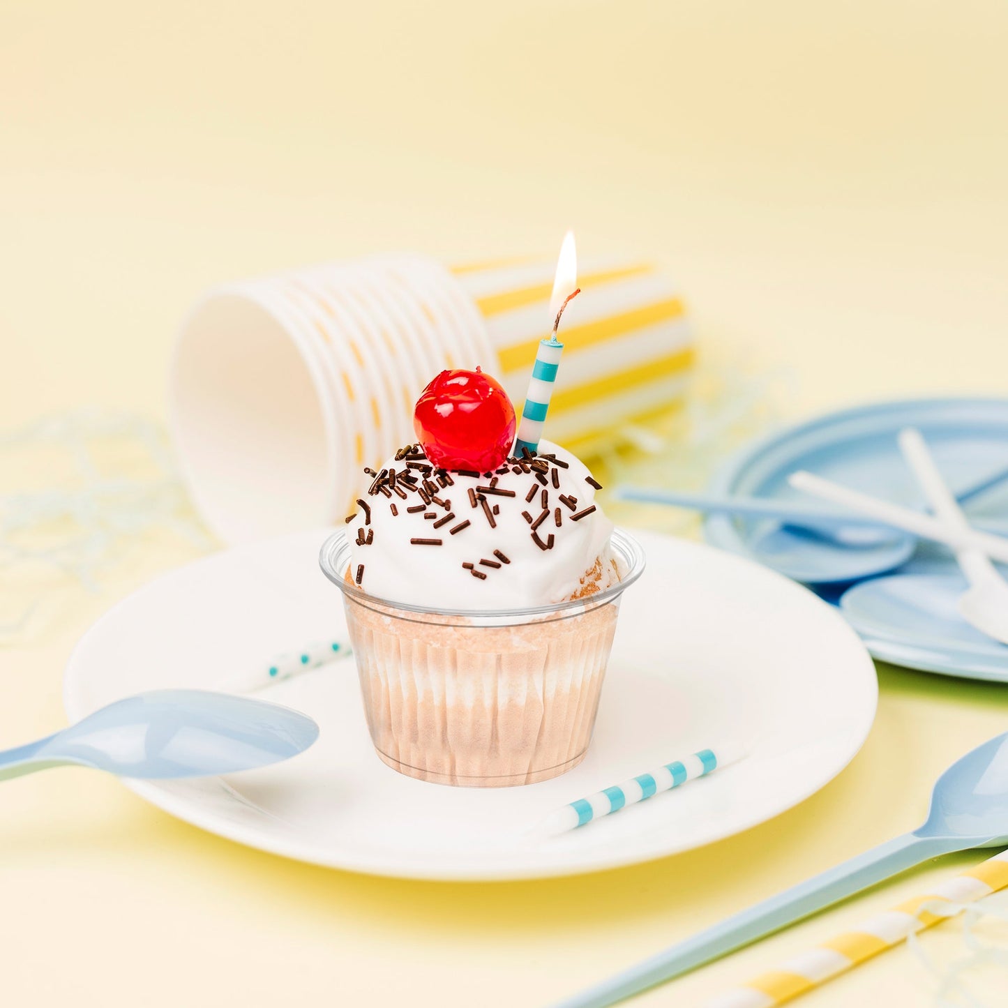 Clear souffle cups filled with dessert samplers shown at an elegant event, great for portion control and visual appeal