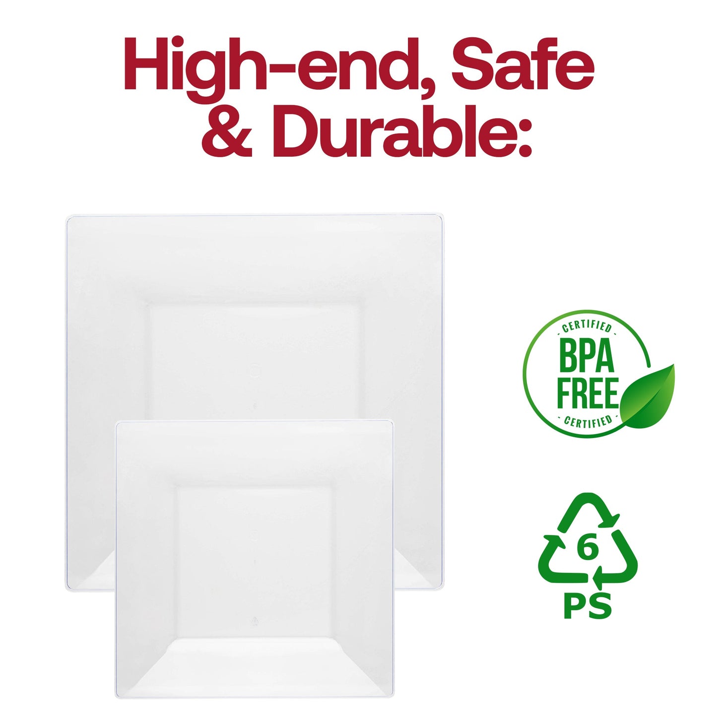 Clear square disposable plastic plates for appetizers or salads, 8-inch size, BPA-free