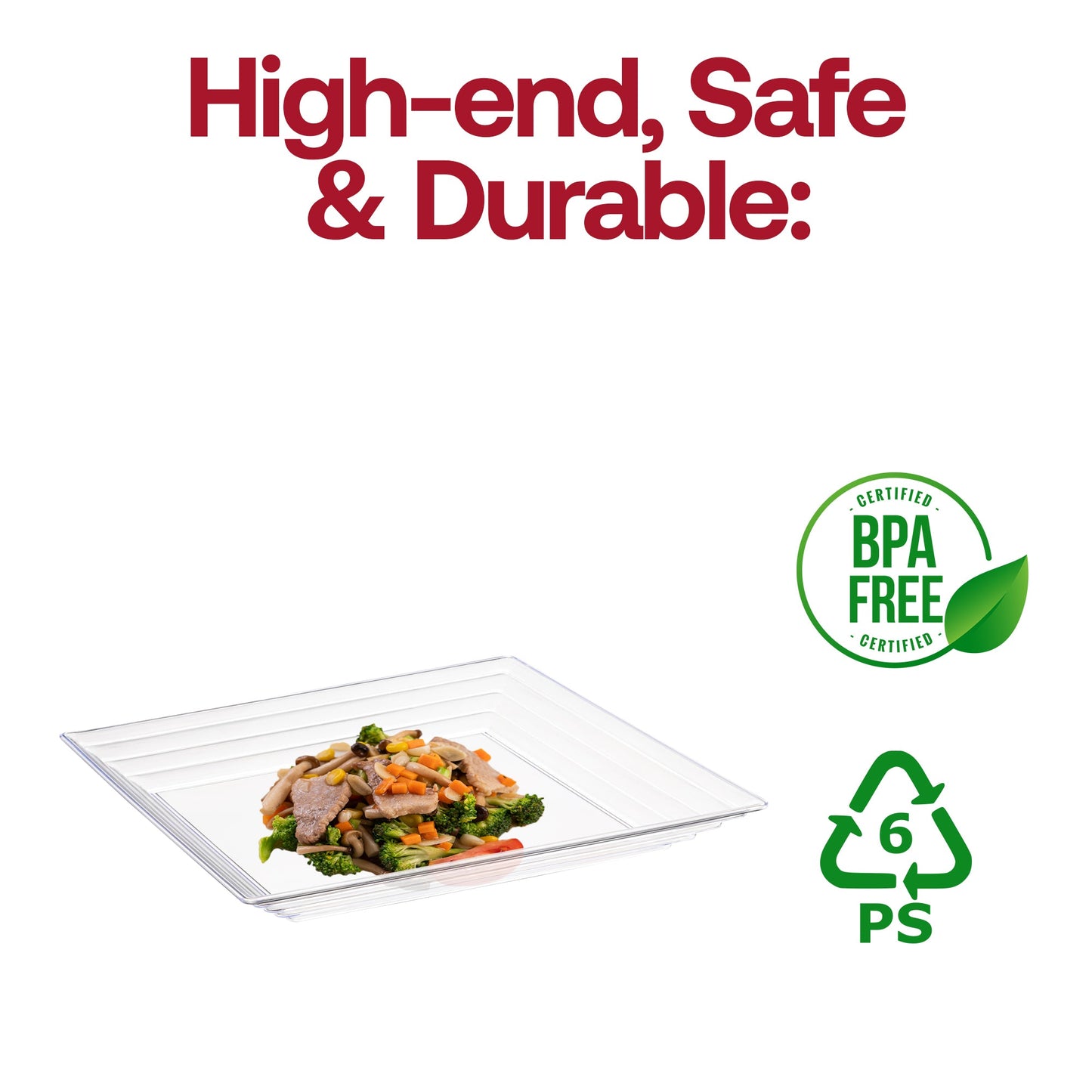 Clear square serving tray with groove rim holding a fresh vegetable platter for party serving