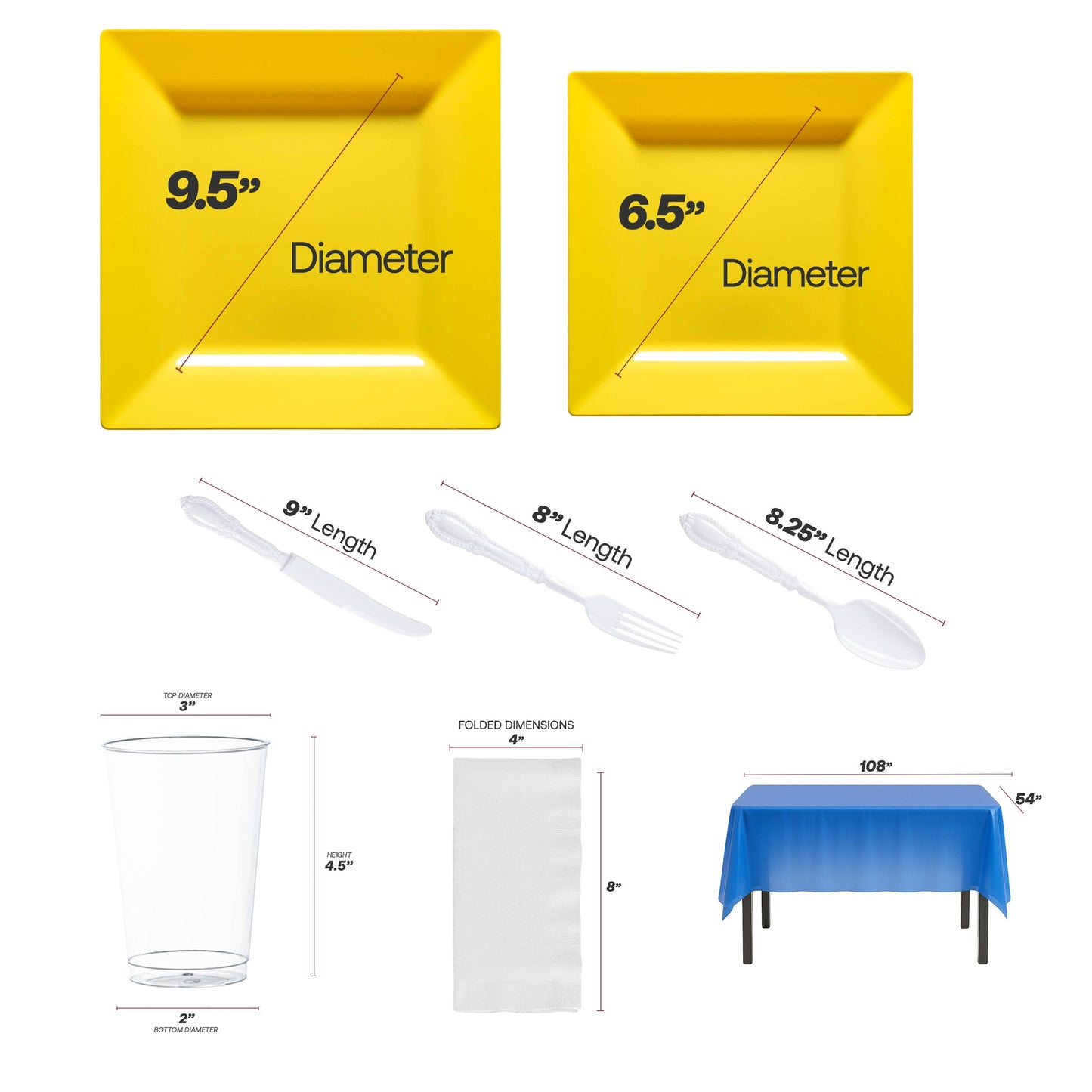 Colorful dinnerware from Blue, Yellow & White Set on display with themed napkins and cups