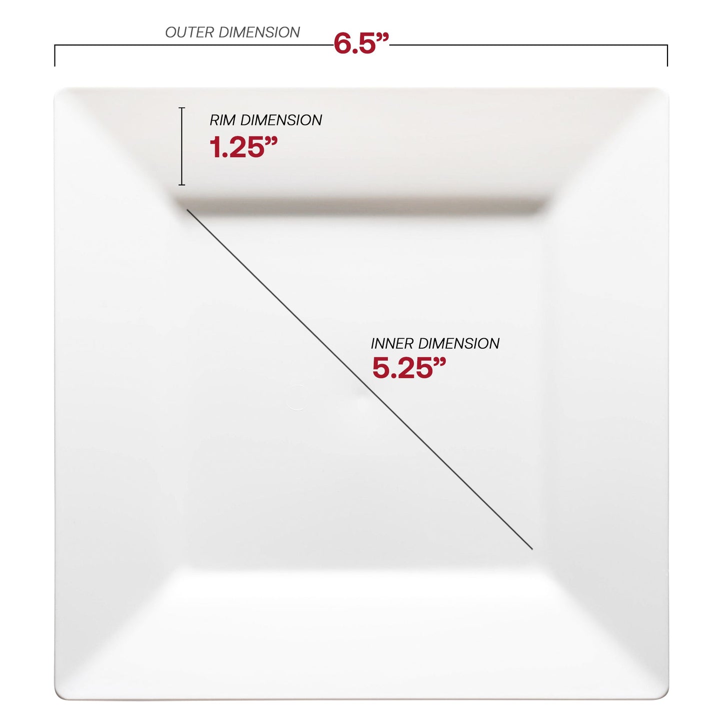 Compact 6.5-inch white square plastic plates, ideal for serving cakes, pastries, or appetizers at events