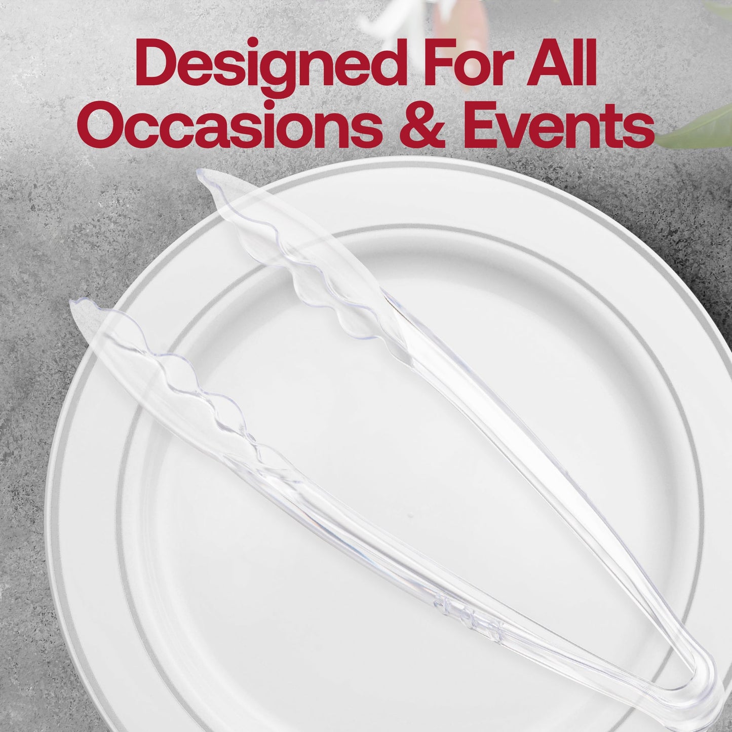 Comparison of 9-inch disposable serving tongs in clear, black, and white colors for versatile event styling