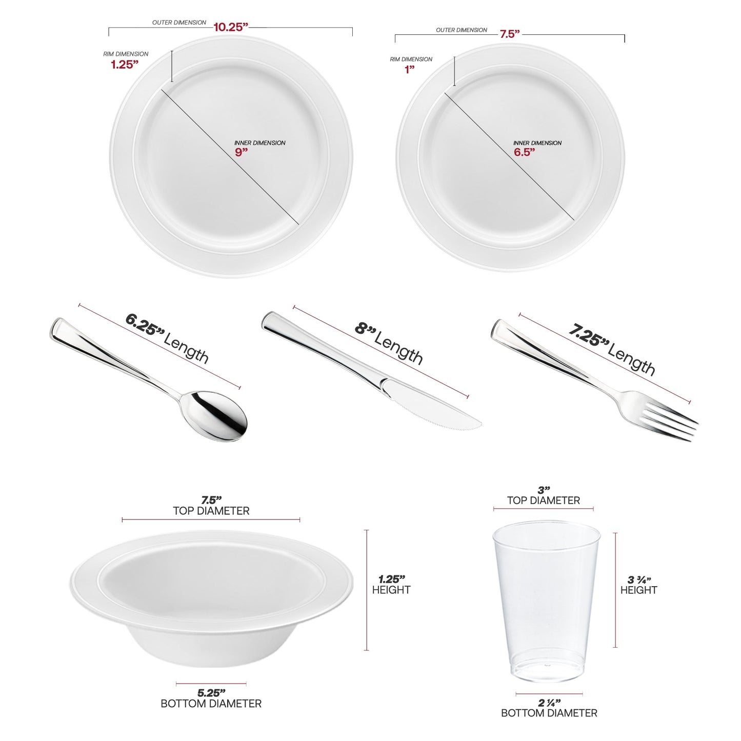 Constructed from BPA-free, recyclable plastic, this White with Silver Edge Rim Plastic Wedding Value Set provides an environmentally friendly and safe choice for your special occasion