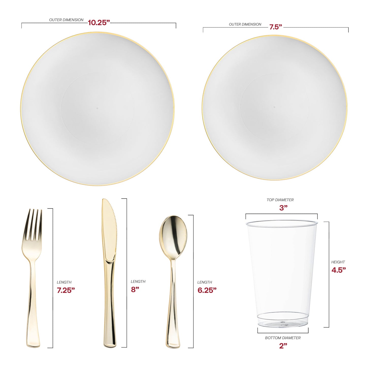 Constructed from recyclable, BPA-free plastic, the White with Gold Rim Organic Round Disposable Plastic Wedding Value Set with gold cutlery offers a sustainable, safe, and fashionable solution for your special event
