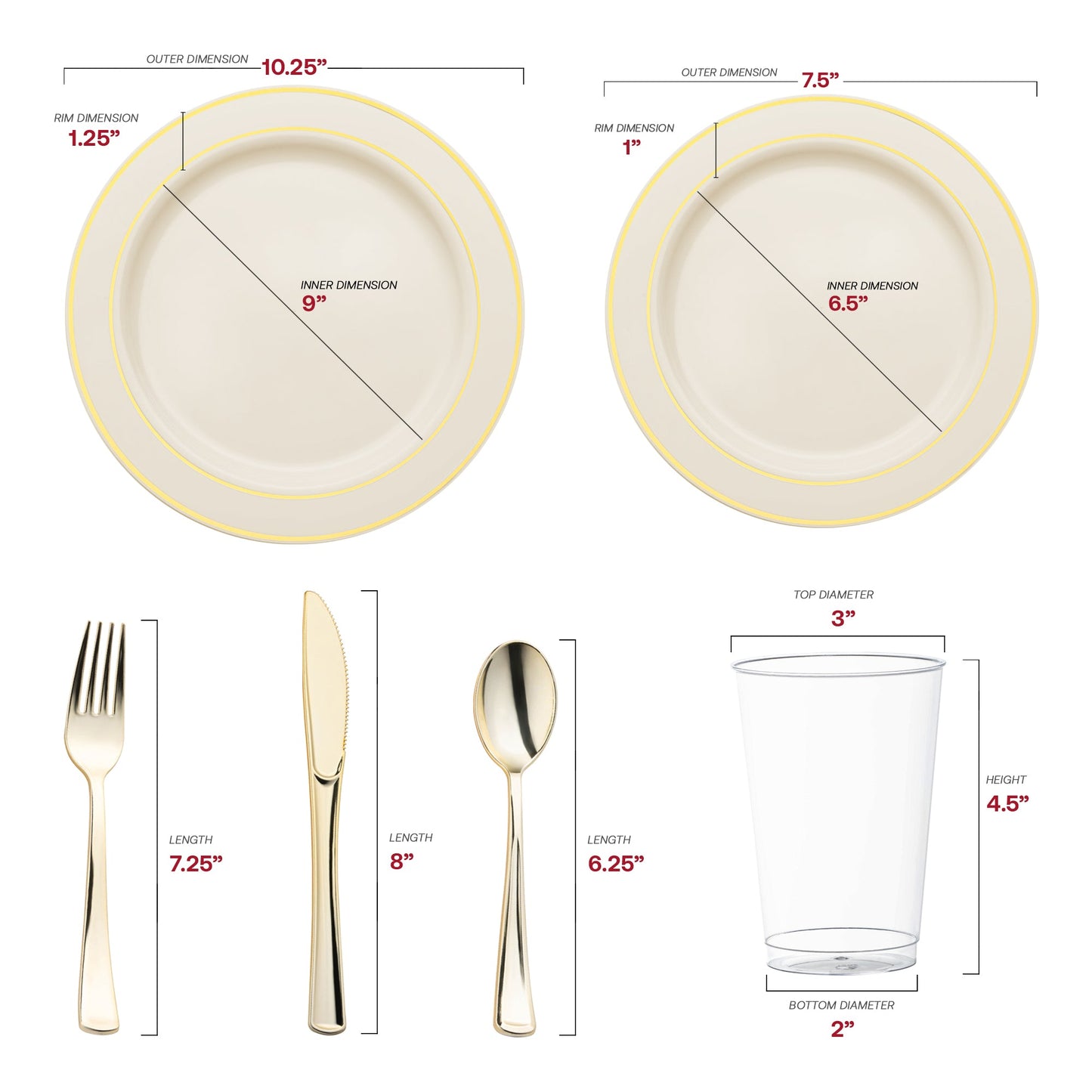 Crafted from BPA-free, recyclable plastic, the Ivory with Gold Edge Rim Wedding Set ensures safe, eco-friendly entertaining
