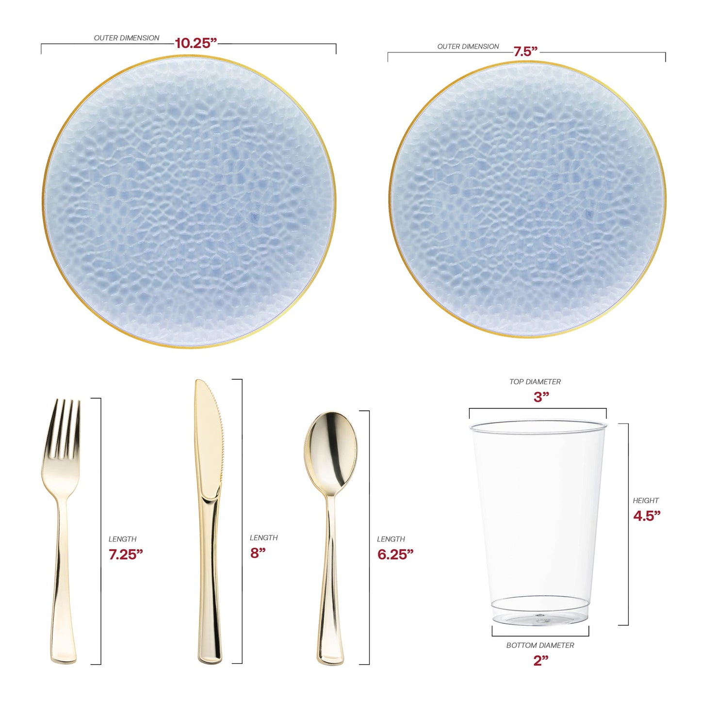 Crafted from BPA-free, recyclable plastic, this Clear Blue Wedding Set combines luxury with sustainability