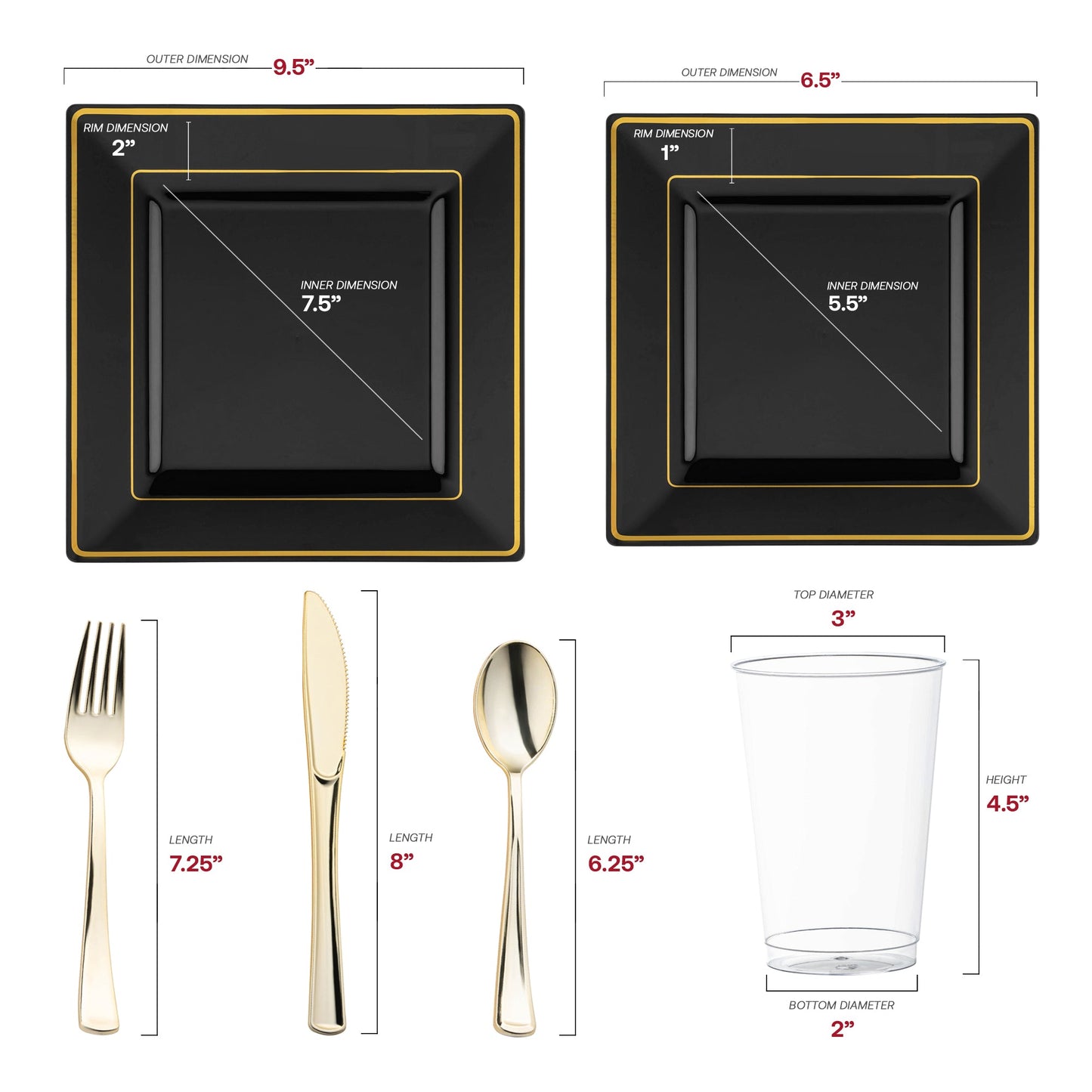 Crafted from recyclable, BPA-free plastic, the Black with Gold Square Edge Rim Plastic Wedding Set ensures a safe and eco-conscious dining experience