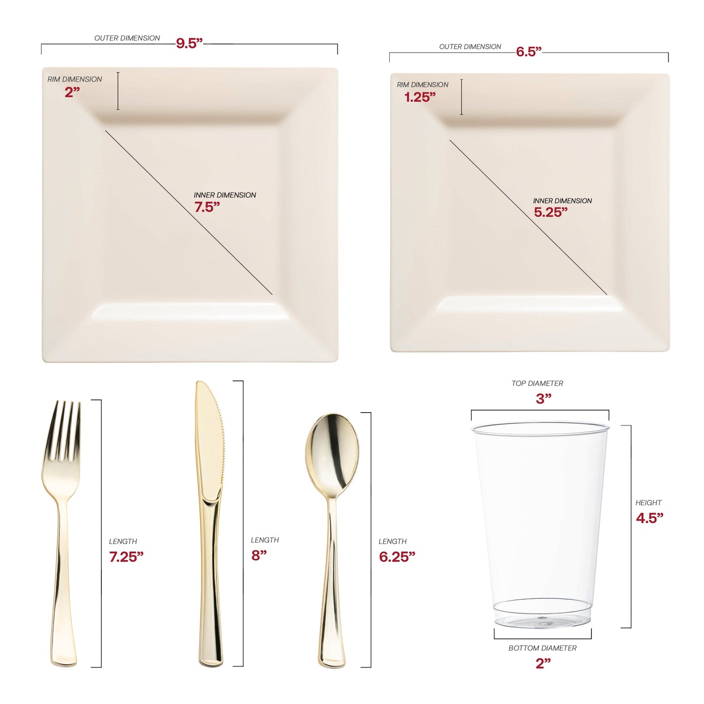 Crafted from recyclable, BPA-free plastic, the Ivory Square Plastic Wedding Set offers safe, eco-conscious table solutions