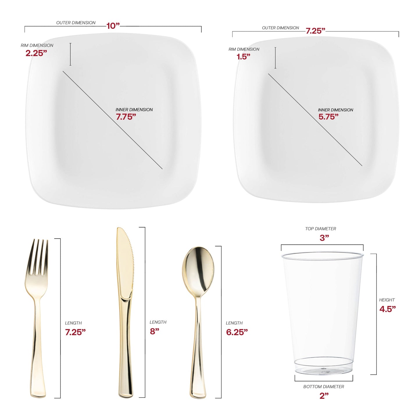 Crafted from recyclable, BPA-free plastic, the Solid White Flat Rounded Square Disposable Plastic Wedding Value Set with Gold Cutlery offers a safe, eco-friendly choice for upscale events