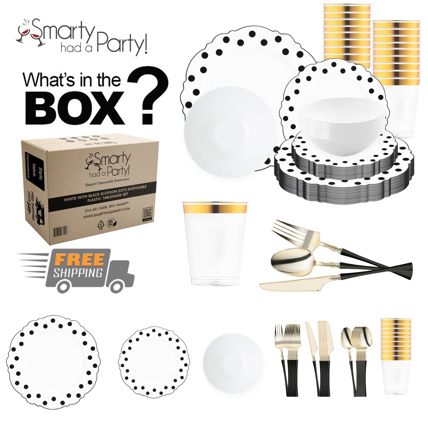 Crafted from recyclable, BPA-free plastic, the White with Black Blossom Dots Tableware Set ensures stylish and eco-safe dining