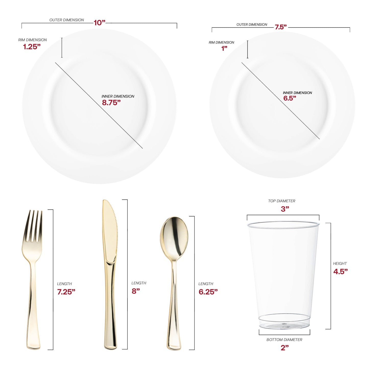 Crafted from recyclable, BPA-free plastic, this Matte Milk White Round Disposable Plastic Wedding Value Set with gold silverware provides a safe, eco-friendly, and stylish solution for your gathering