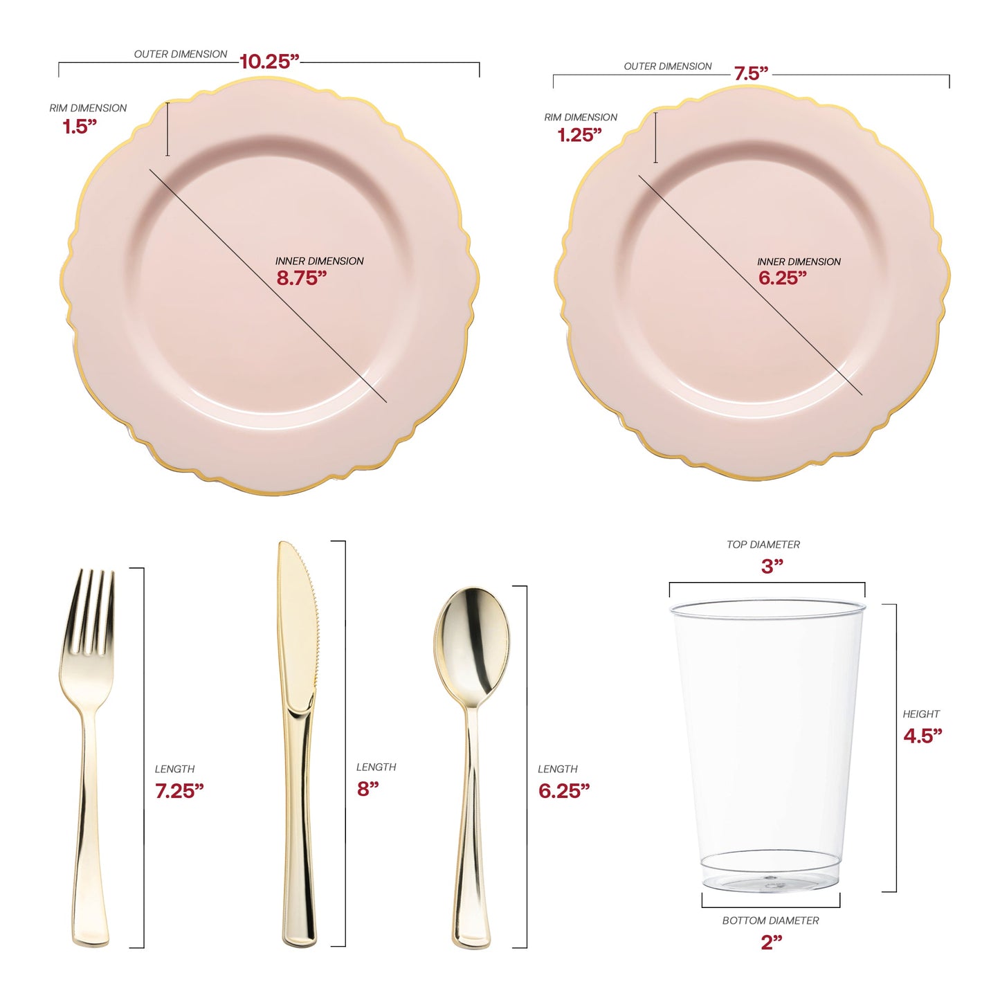 Crafted from recyclable, BPA-free plastic, this Pink with Gold Rim Round Blossom Disposable Plastic Wedding Value Set with gold cutlery offers a stylish and eco-friendly solution for your event