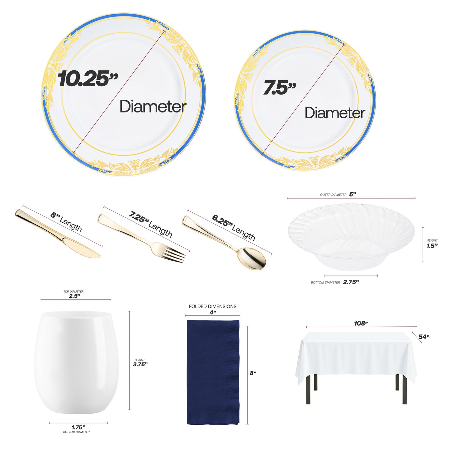 Create a bold table setup with navy wine glasses, gold cutlery, and white tablecloths.