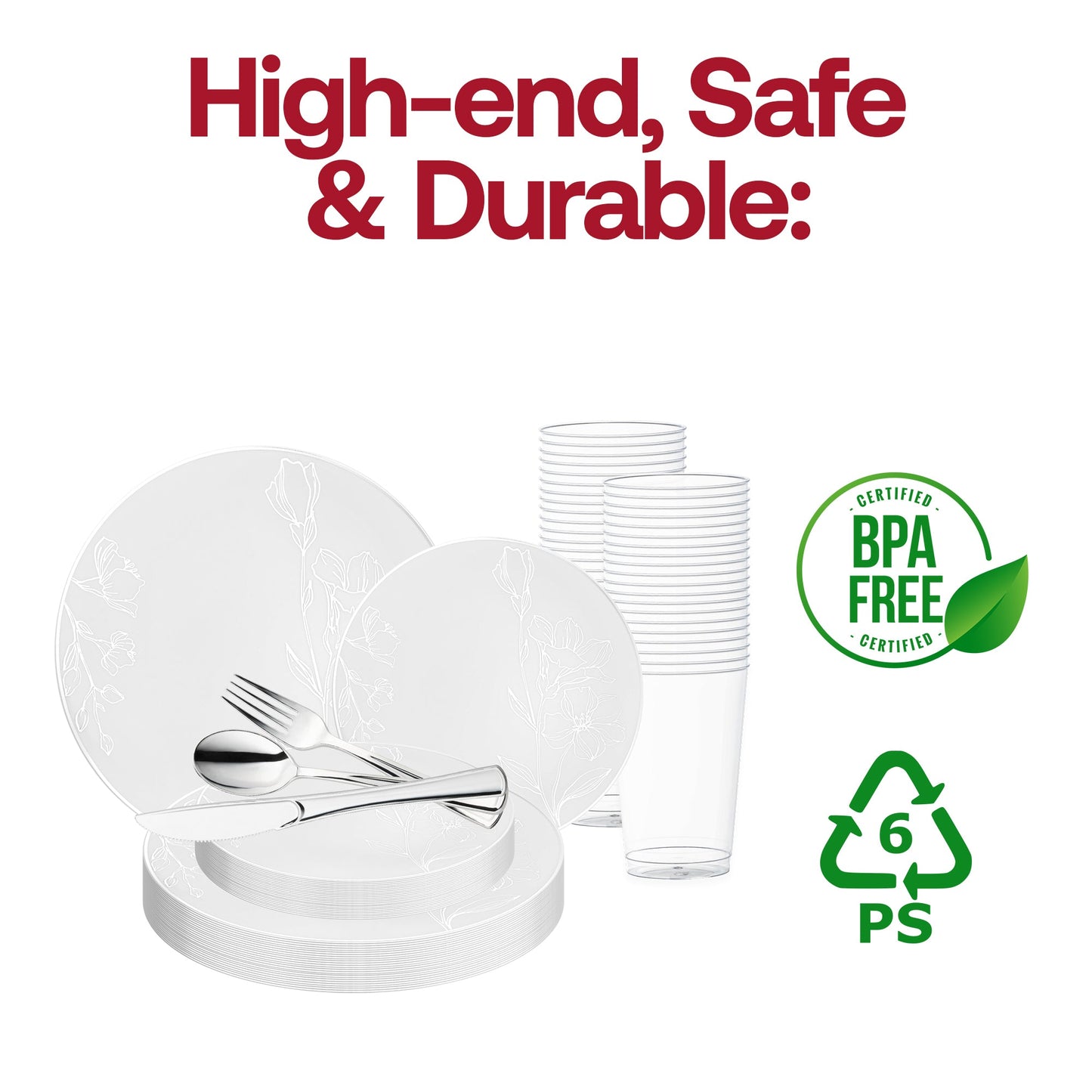Create a refined and romantic atmosphere with the White with Silver Antique Floral Round Disposable Plastic Wedding Value Set, perfect for weddings and special events with a vintage touch