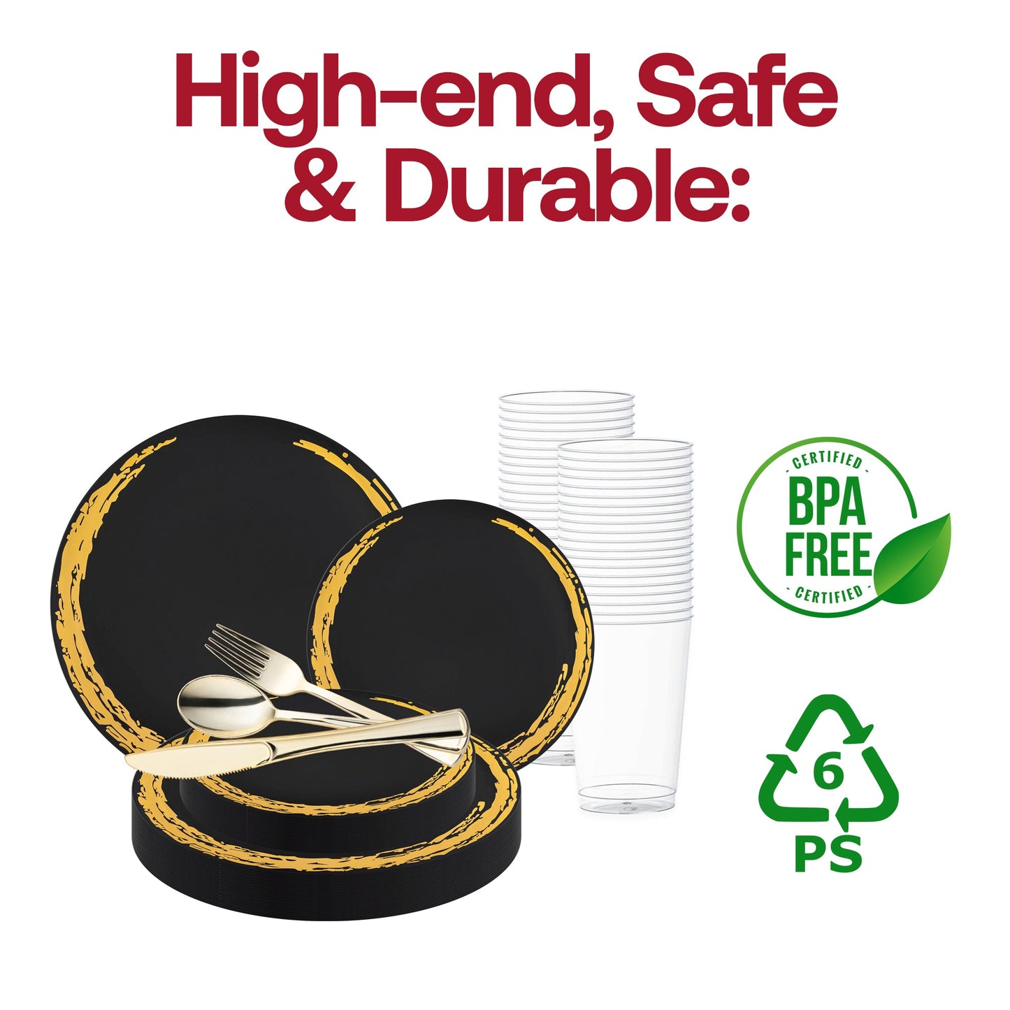 Create a sophisticated and glamorous table setting with the Black with Gold Moonlight Round Disposable Plastic Wedding Value Set, perfect for upscale weddings and luxury events
