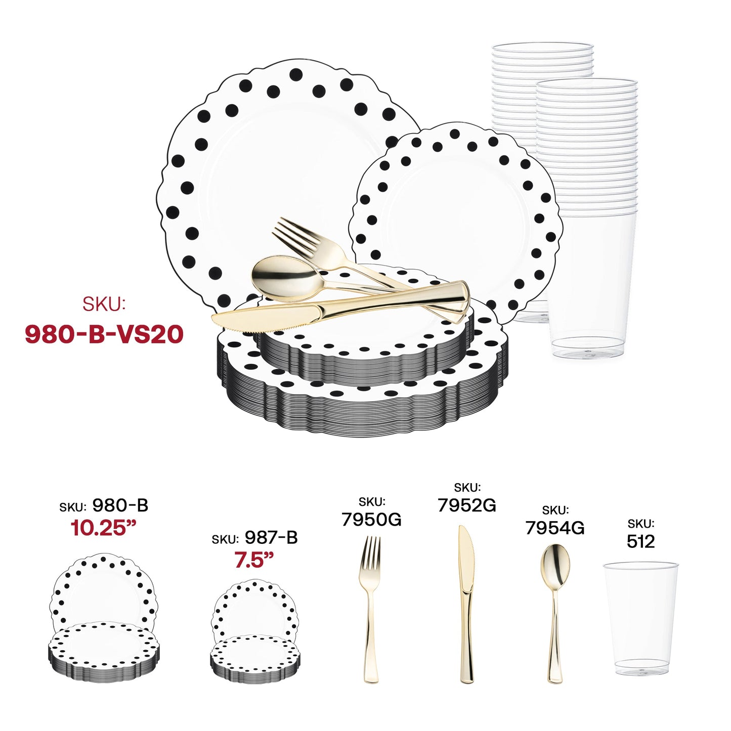 Create a striking and fashionable atmosphere with the White with Black Dots Round Blossom Disposable Plastic Wedding Value Set, perfect for upscale events and distinctive celebrations