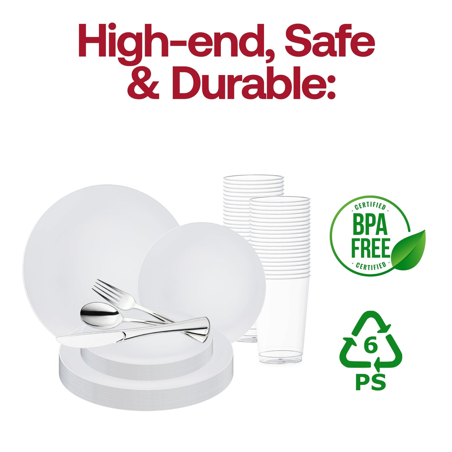 Create an elegant and graceful table setting with the White with Silver Rim Organic Round Disposable Plastic Wedding Value Set, perfect for upscale weddings and refined gatherings