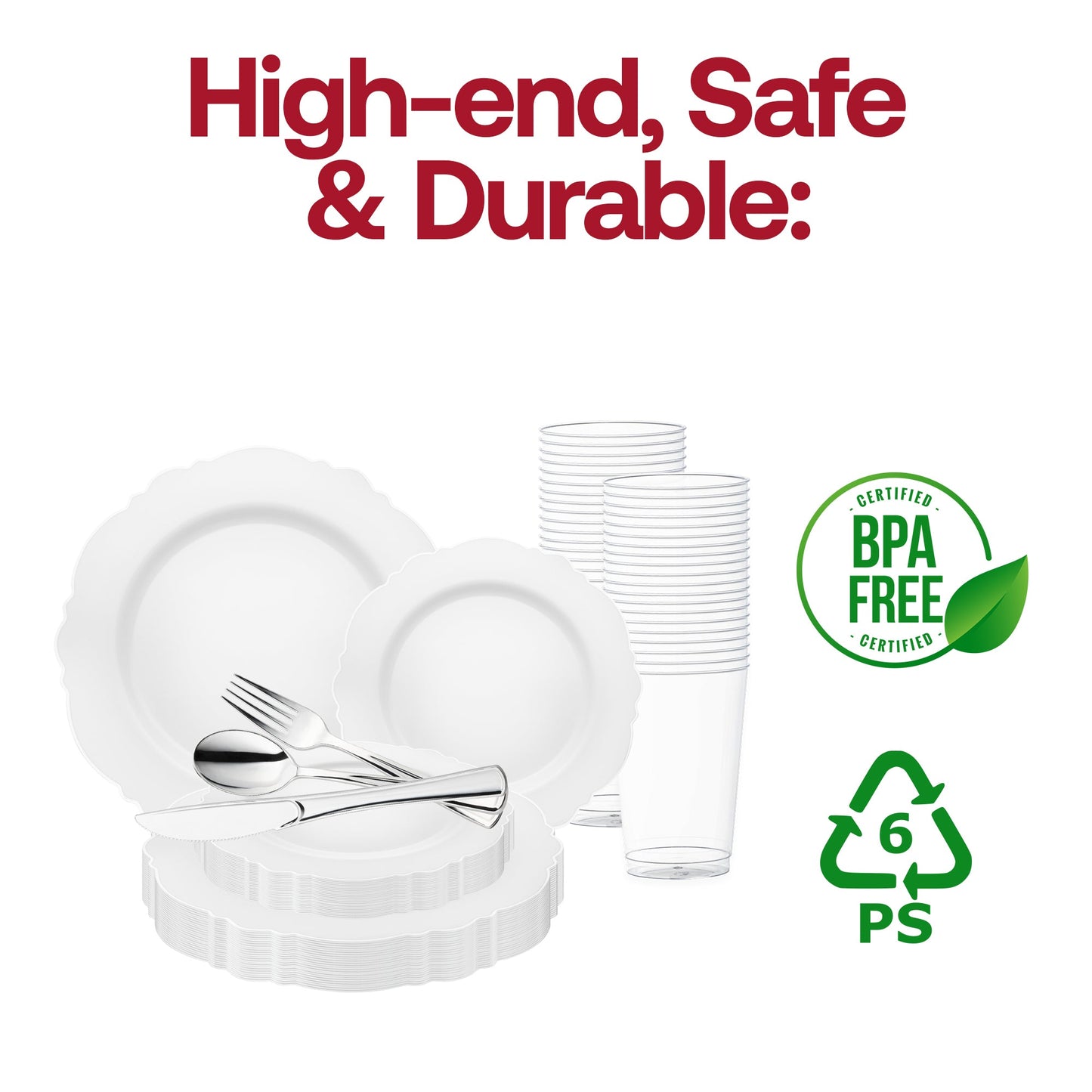 Create an elegant and refined table setting with the White with Silver Rim Round Blossom Disposable Plastic Wedding Value Set, perfect for sophisticated weddings and upscale occasions