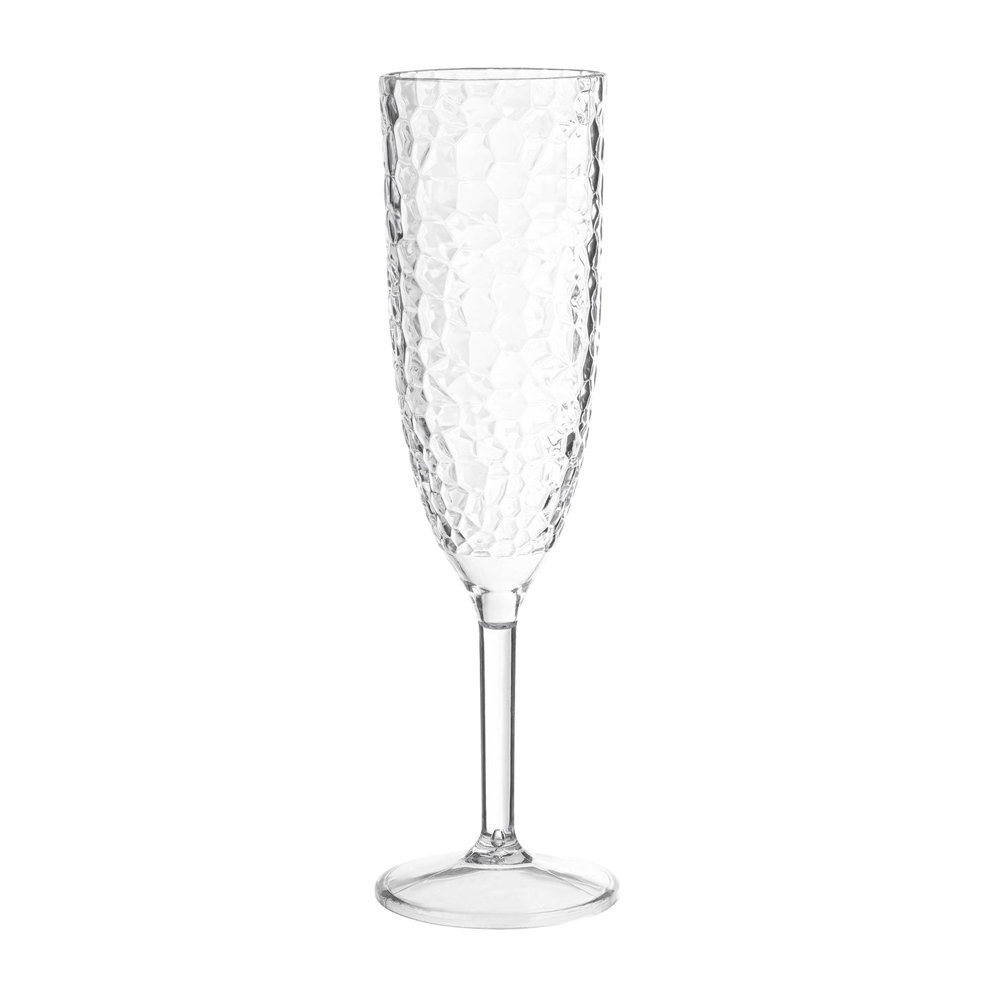 Crystal-clear disposable plastic champagne flutes with an elegant design, 8 oz capacity, perfect for celebrations