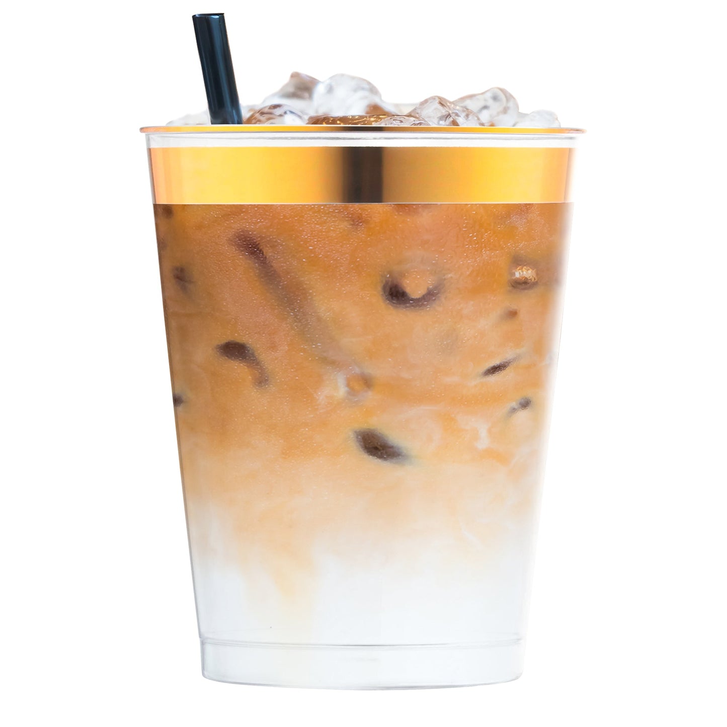 Crystal-clear round plastic tumblers with a premium metallic gold rim, 10 oz capacity