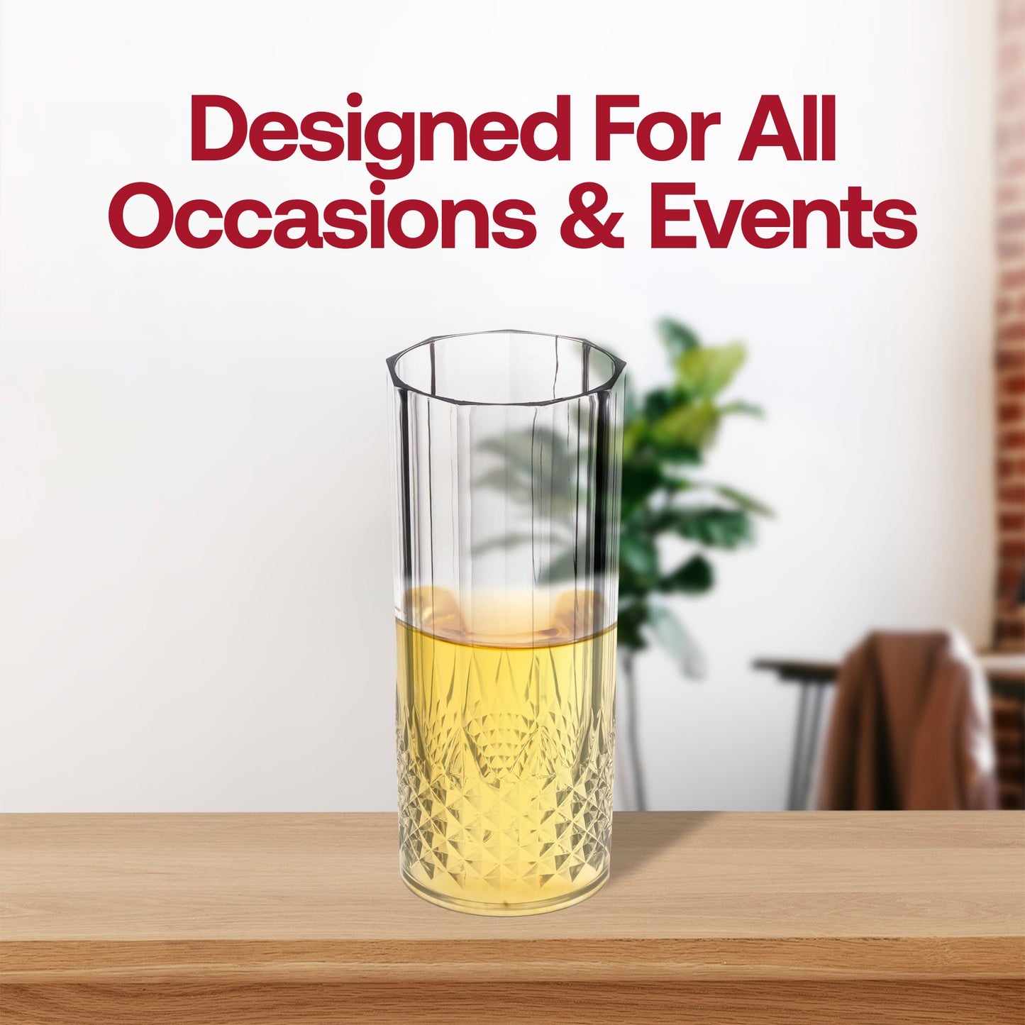 Crystal-cut high ball plastic glasses, clear material, 14 oz capacity, measuring 3 inches wide and 6 inches tall, 48-pack