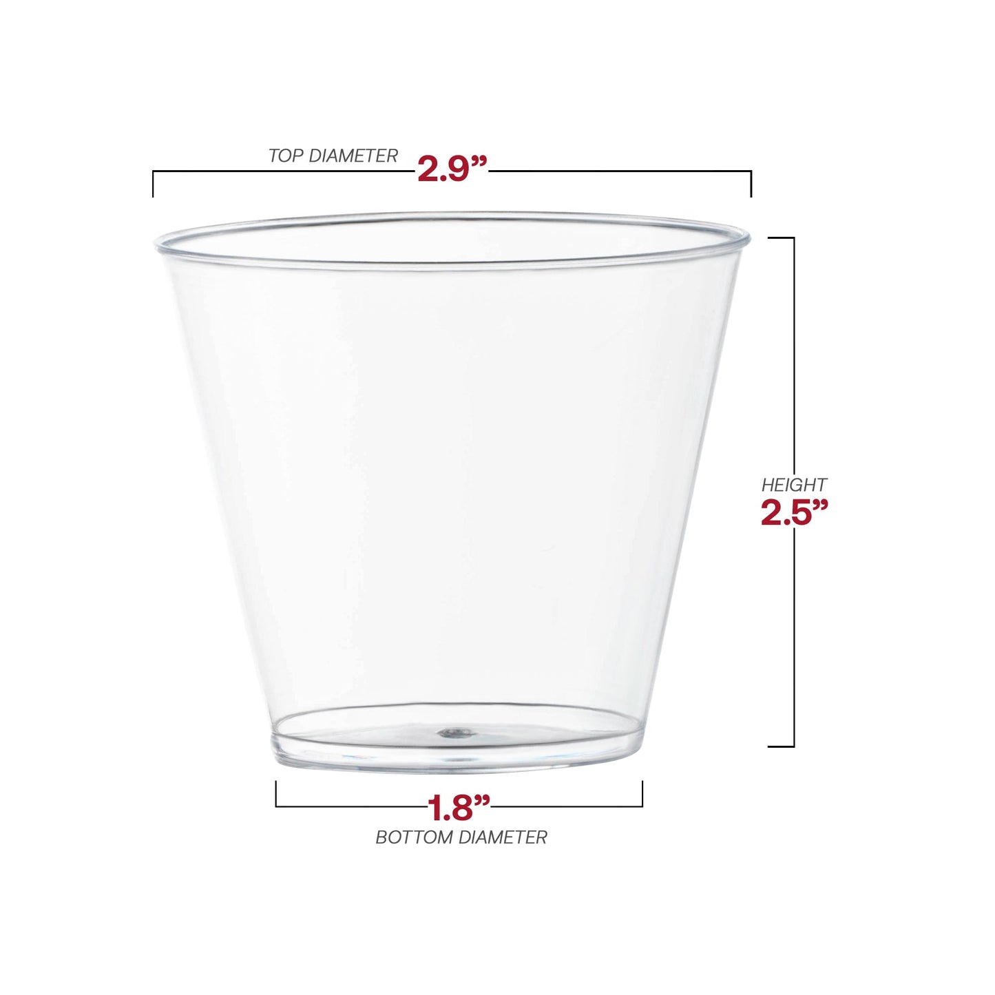 Crystal clear plastic disposable party cups, 5 oz capacity, 2.9” x 2.5”, available in a 120-pack