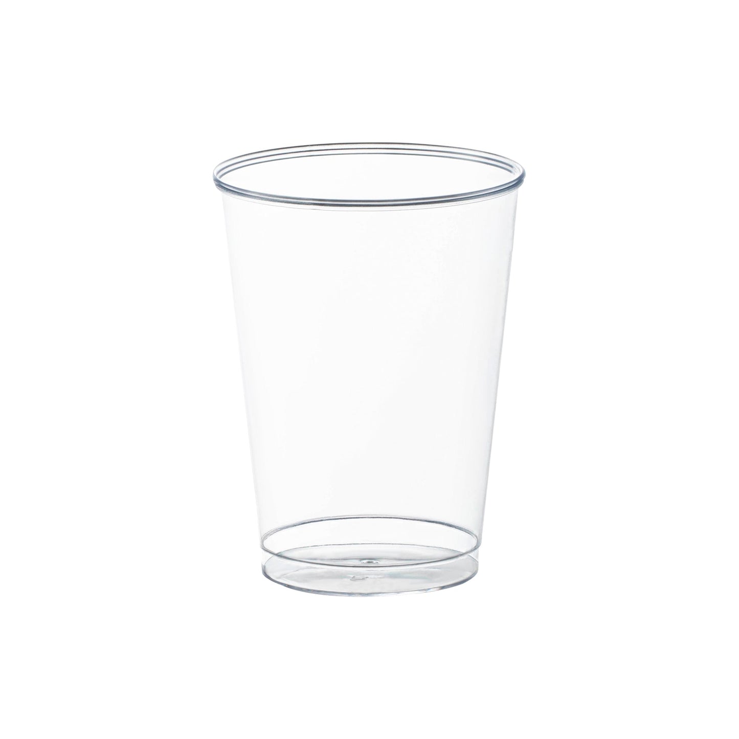Crystal clear round plastic disposable party cups, 7 oz capacity, sturdy and lightweight, perfect for serving beverages at events