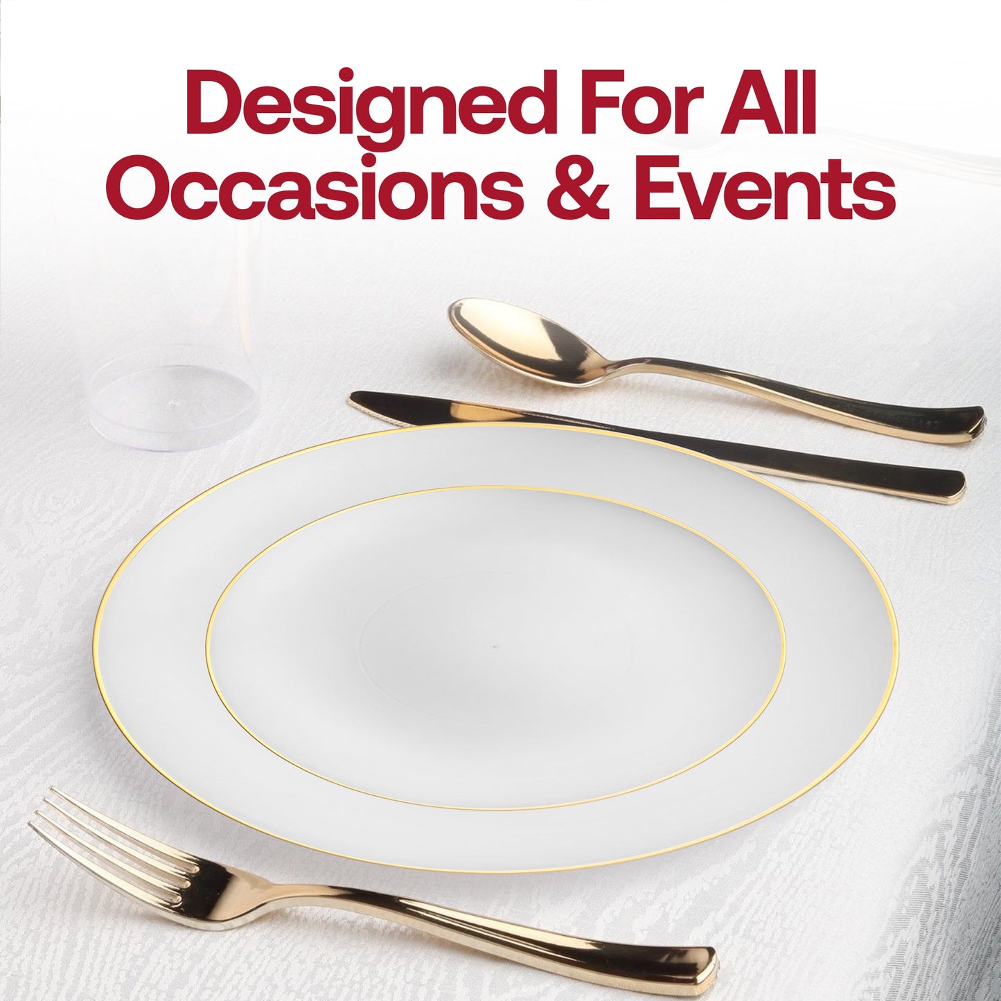 Delight your guests with the timeless charm of the White with Gold Rim Organic Round Disposable Plastic Wedding Value Set, crafted for elegant weddings and exclusive events