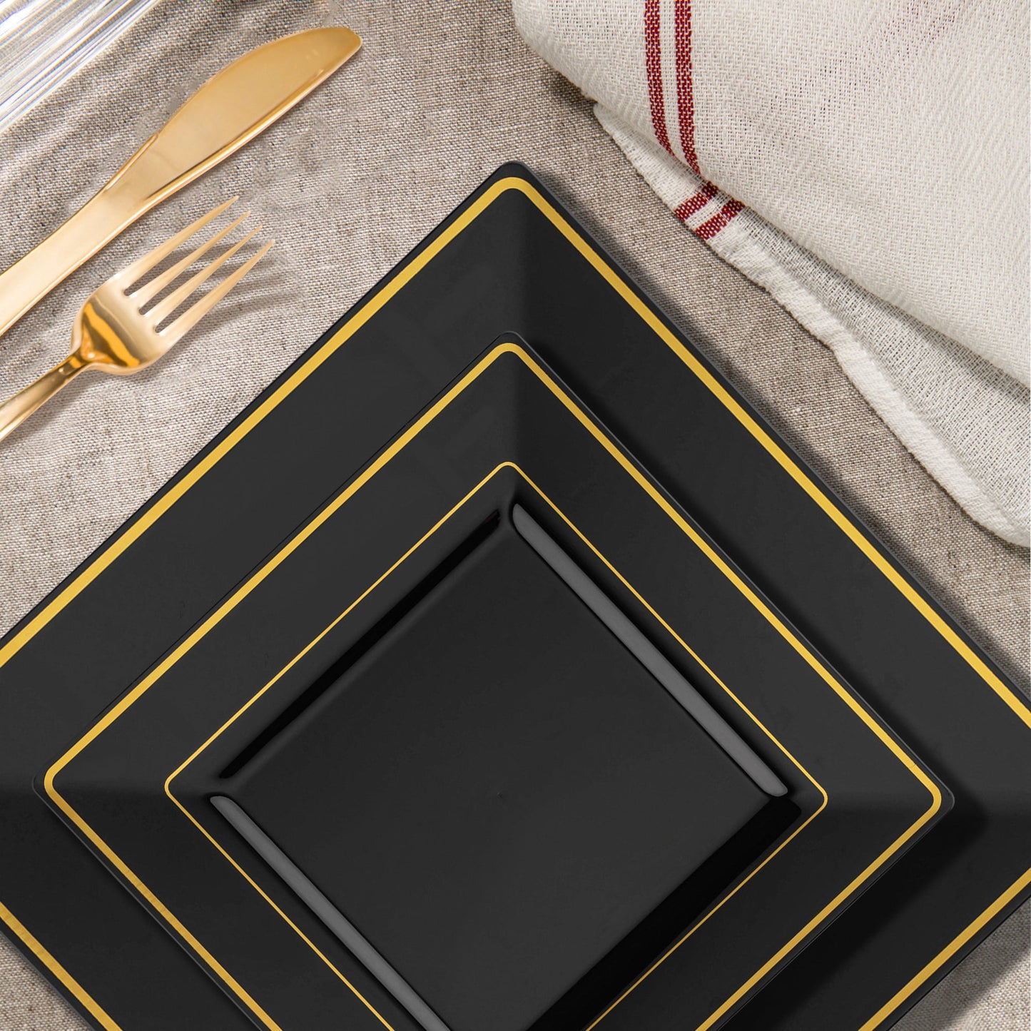 Designed for large celebrations, the Black with Gold Square Edge Rim Plastic Wedding Set offers the perfect size and quantity