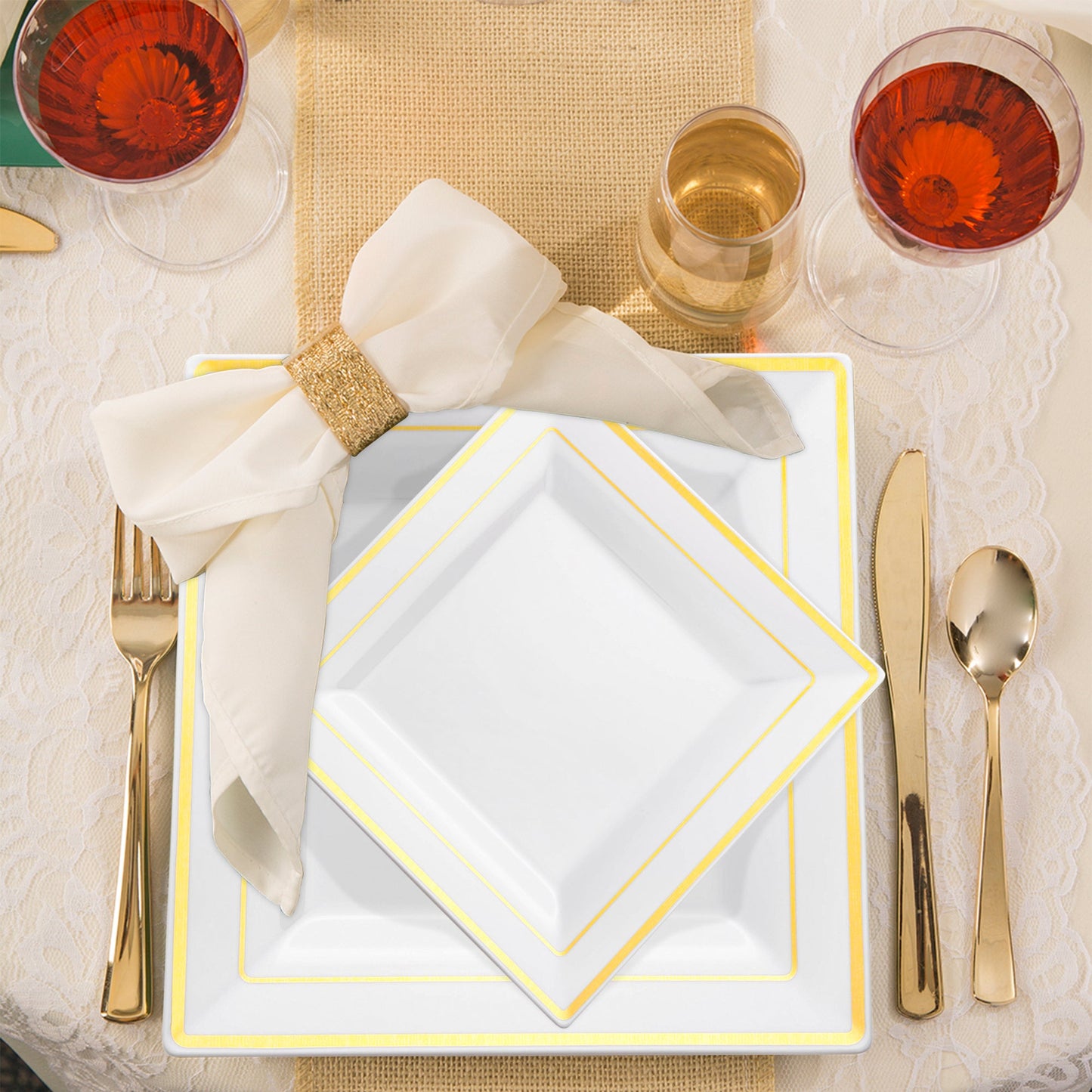 Designed for versatility, the White with Gold Square Edge Rim Plastic Wedding Set offers ideal sizes and ample quantities for events