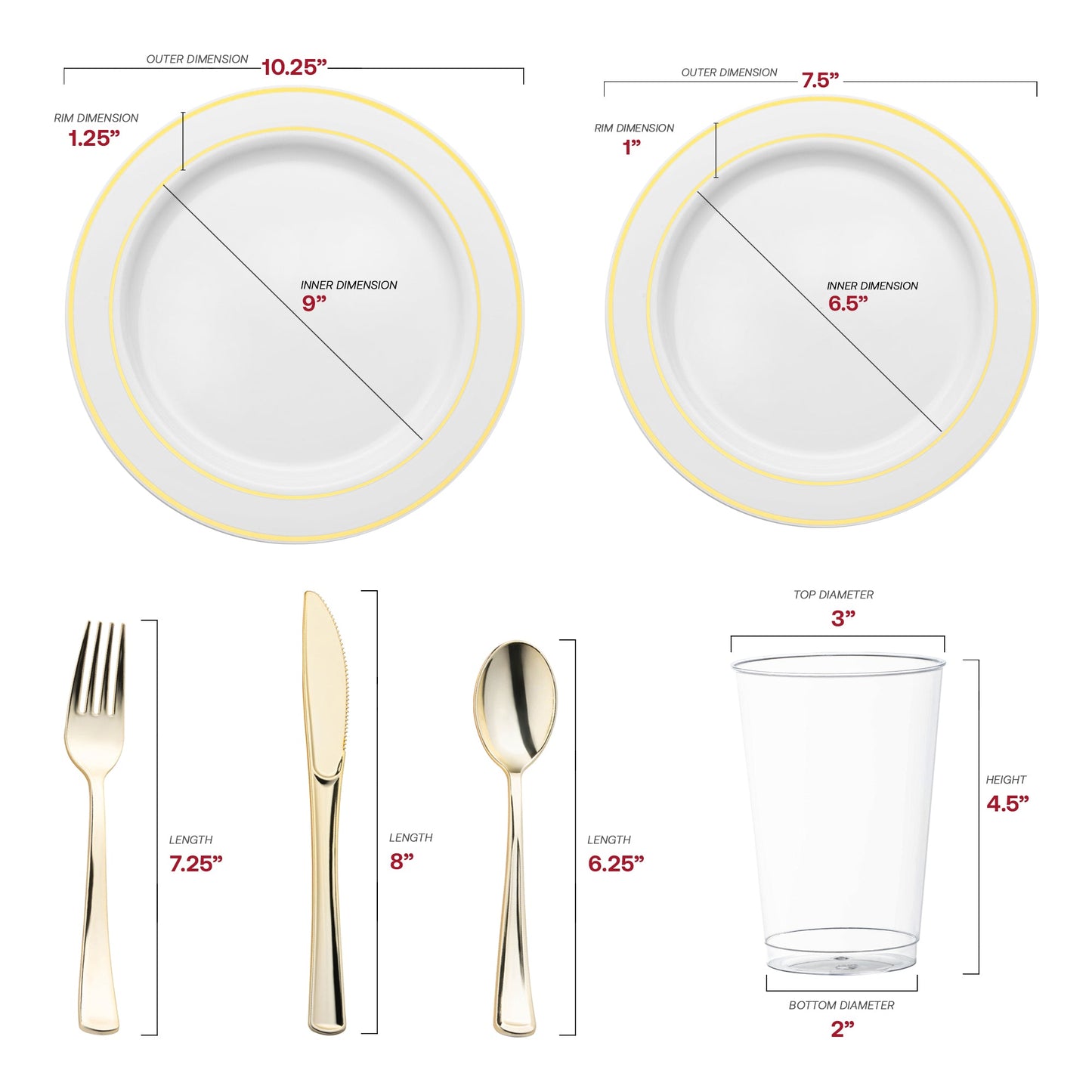 Designed with BPA-free, recyclable plastic, the White with Gold Edge Rim Wedding Set ensures elegant and eco-friendly dining