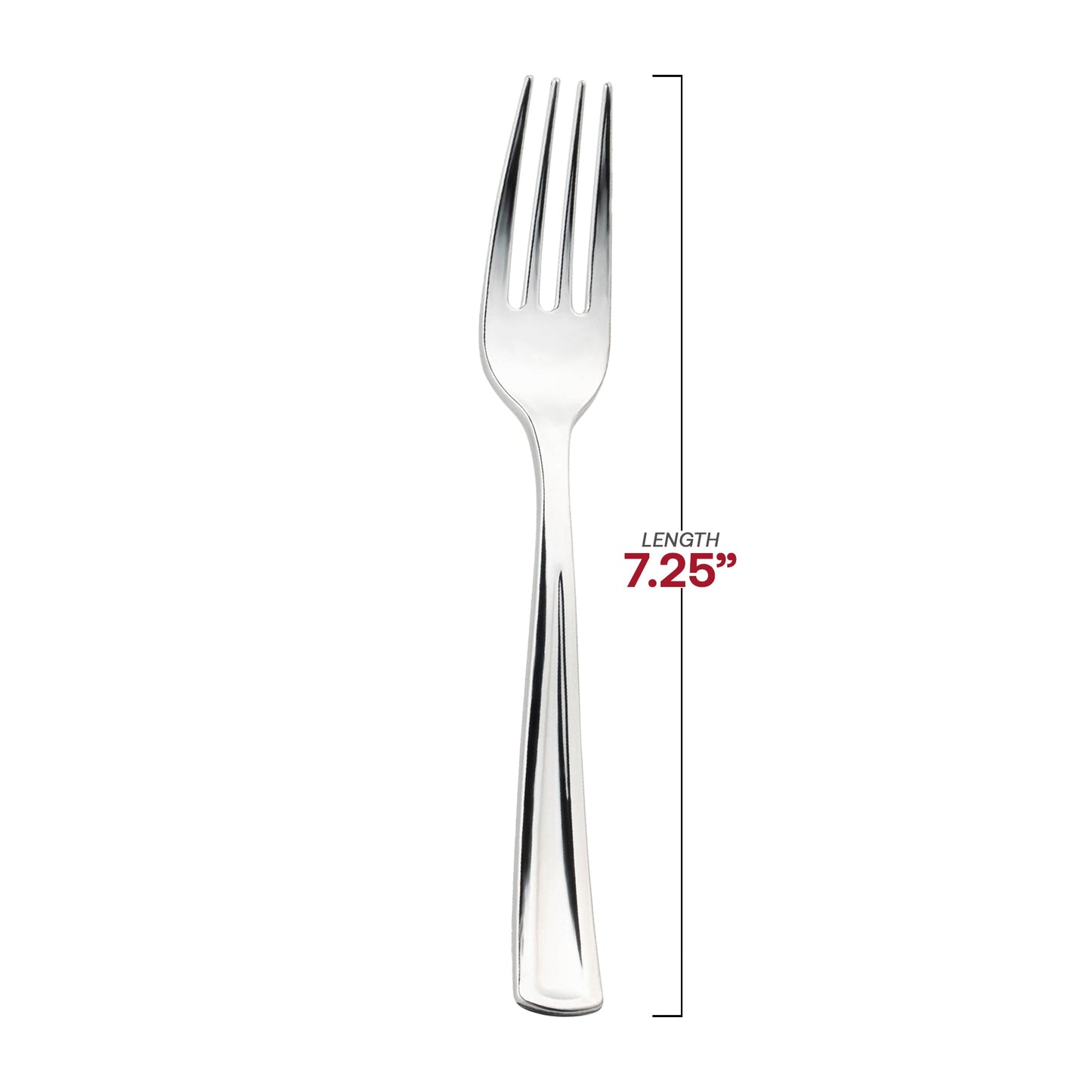 Disposable 7.25-inch metallic silver plastic forks, bulk pack of 600, ideal for buffets and banquets