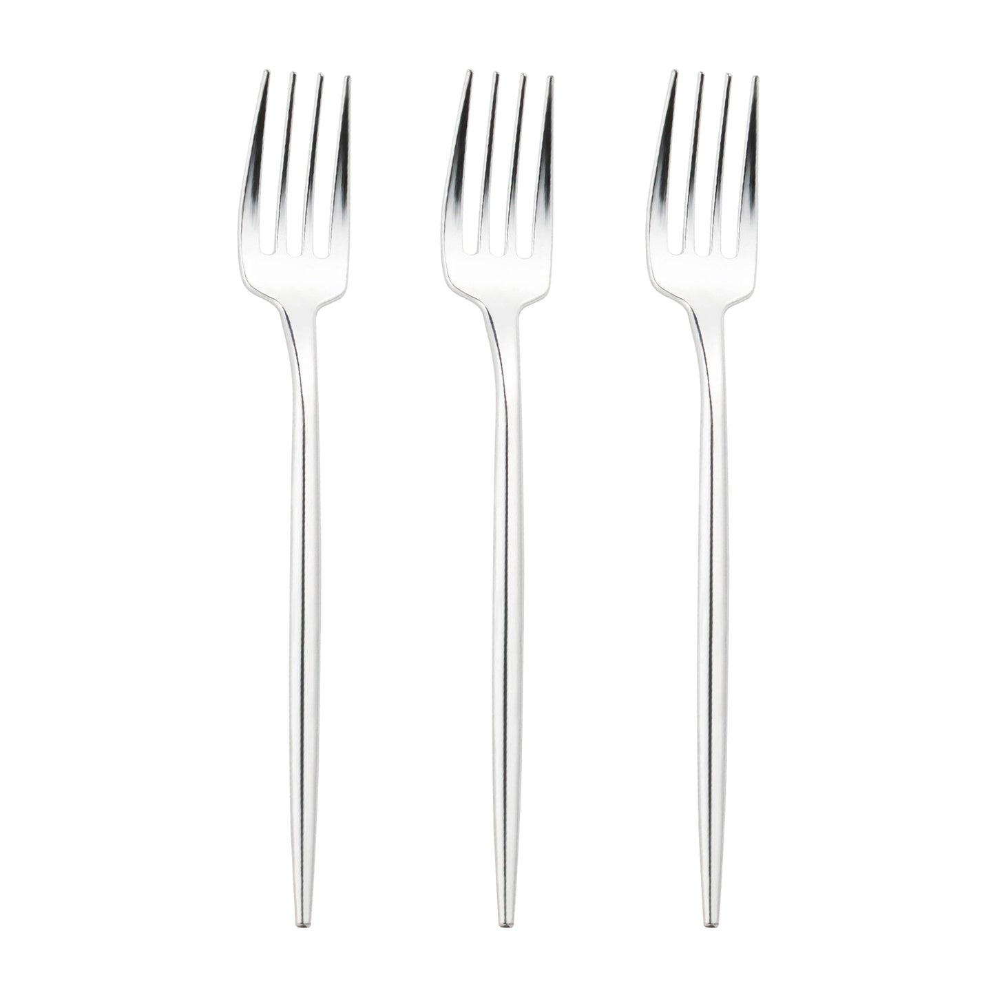 Disposable 8.4" shiny silver plastic dinner forks in a case of 300, offering convenience and sophistication for any occasion