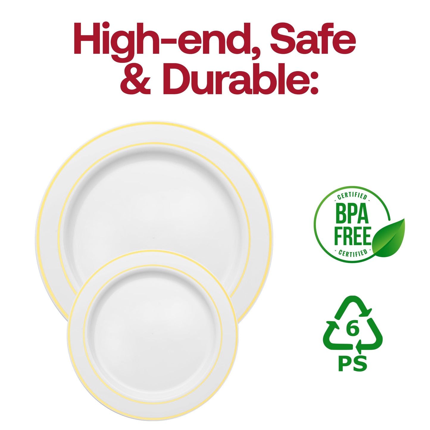 Disposable 9-inch white buffet plates with a gold decorative rim, lightweight plastic, BPA-free