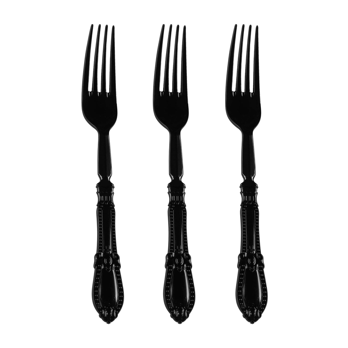 Disposable Black Baroque plastic dinner forks, 8 inches, durable yet lightweight for easy cleanup, bulk case of 480
