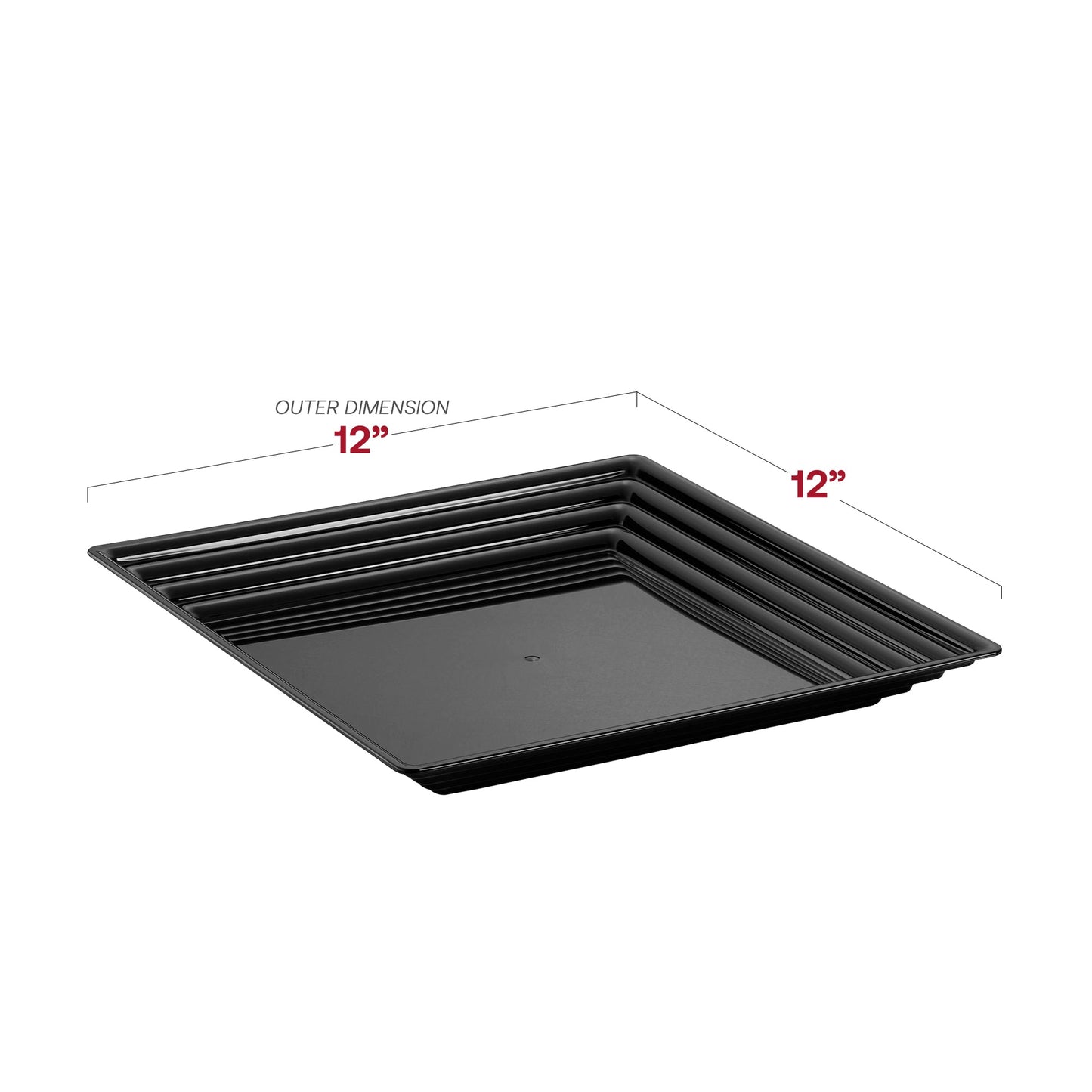 Disposable black plastic serving tray with groove rim, BPA-free and safe for all types of food service