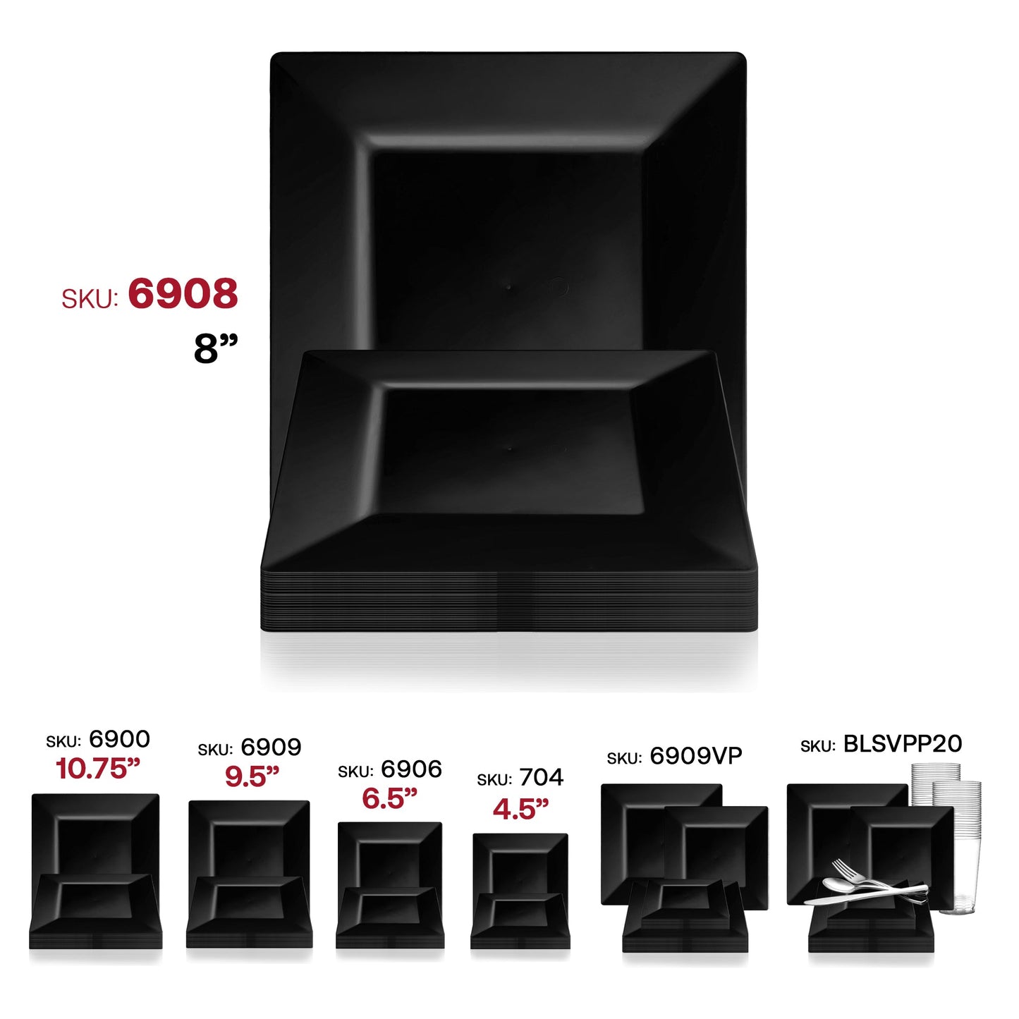 Disposable black square salad plates, 8-inch sturdy plastic design