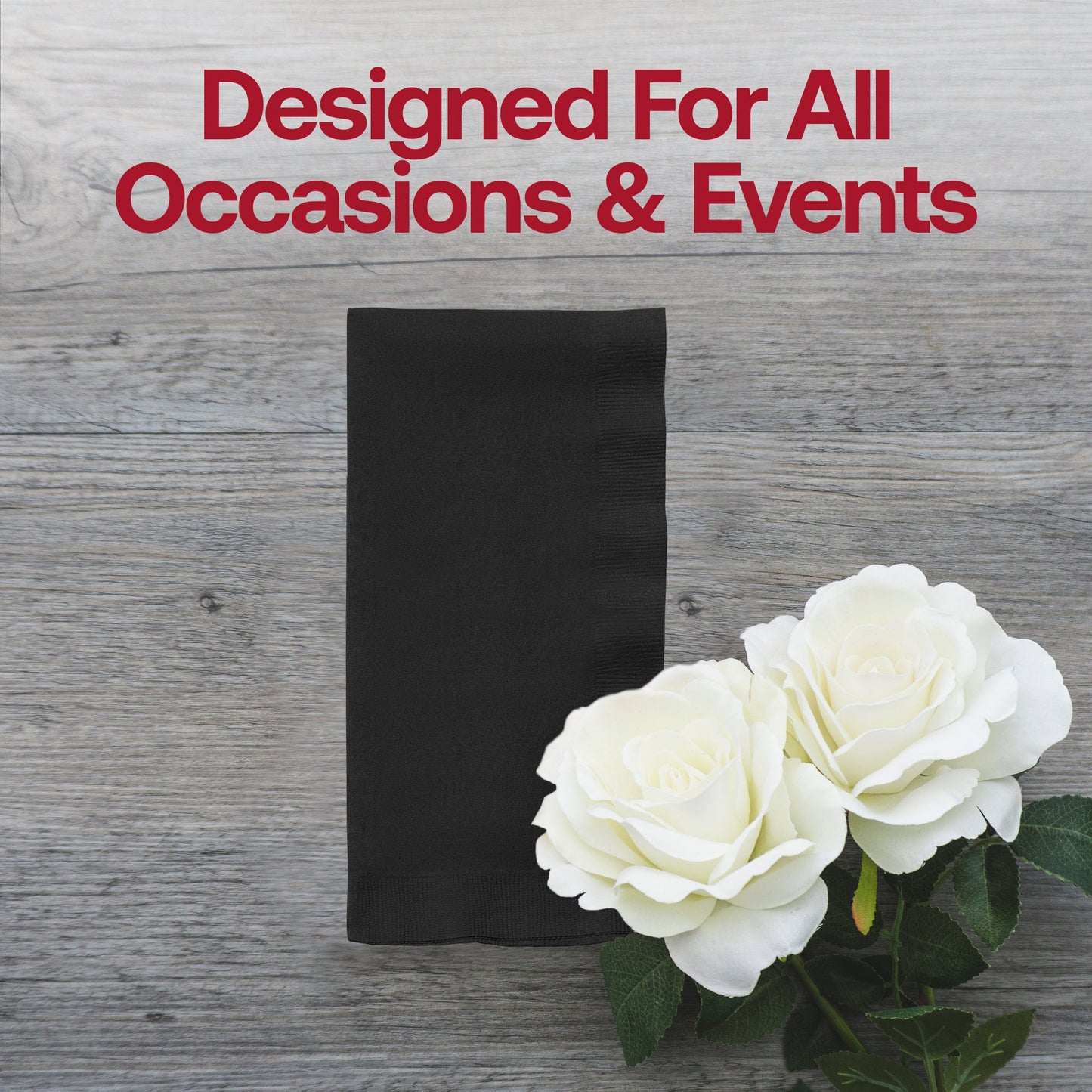 Disposable black velvet paper napkin with rich color and soft finish, 16 x 16 inches, comes in 600-count packaging.