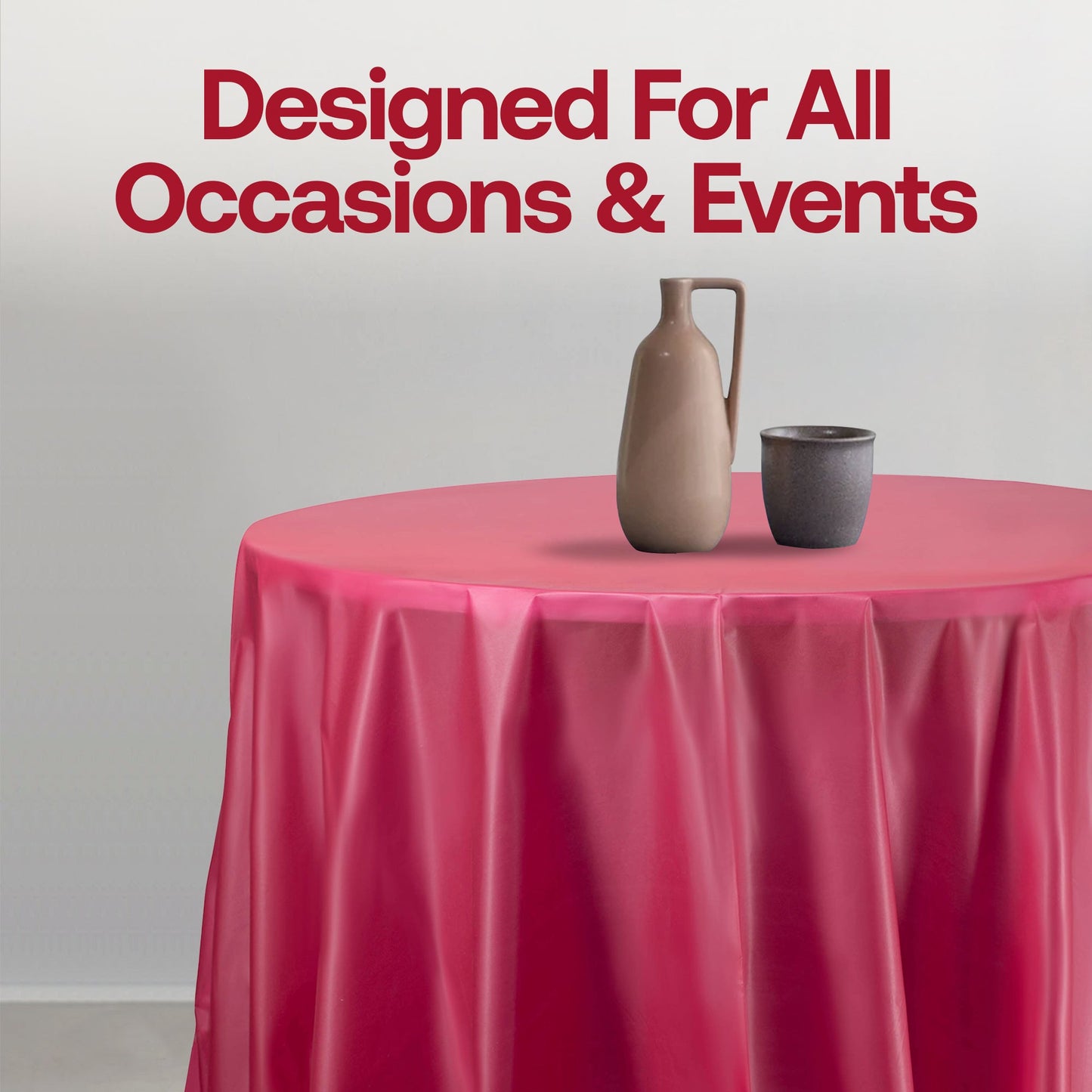 Disposable burgundy round plastic tablecloths, 84-inch size, ideal for easy cleanup at large events, bulk pack of 96.