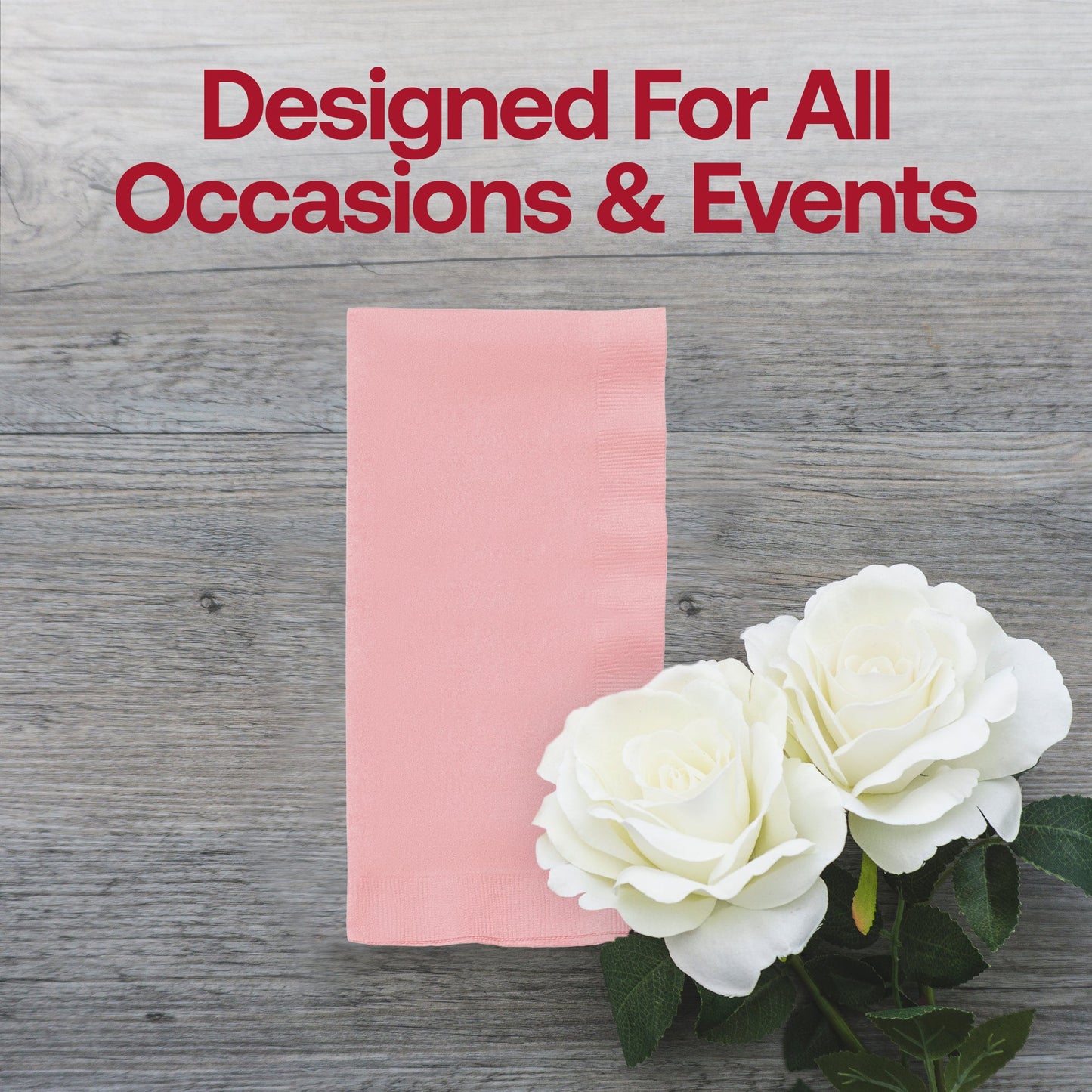 Disposable classic pink dinner napkins, 16" x 16", offering easy cleanup while maintaining a charming and stylish look.