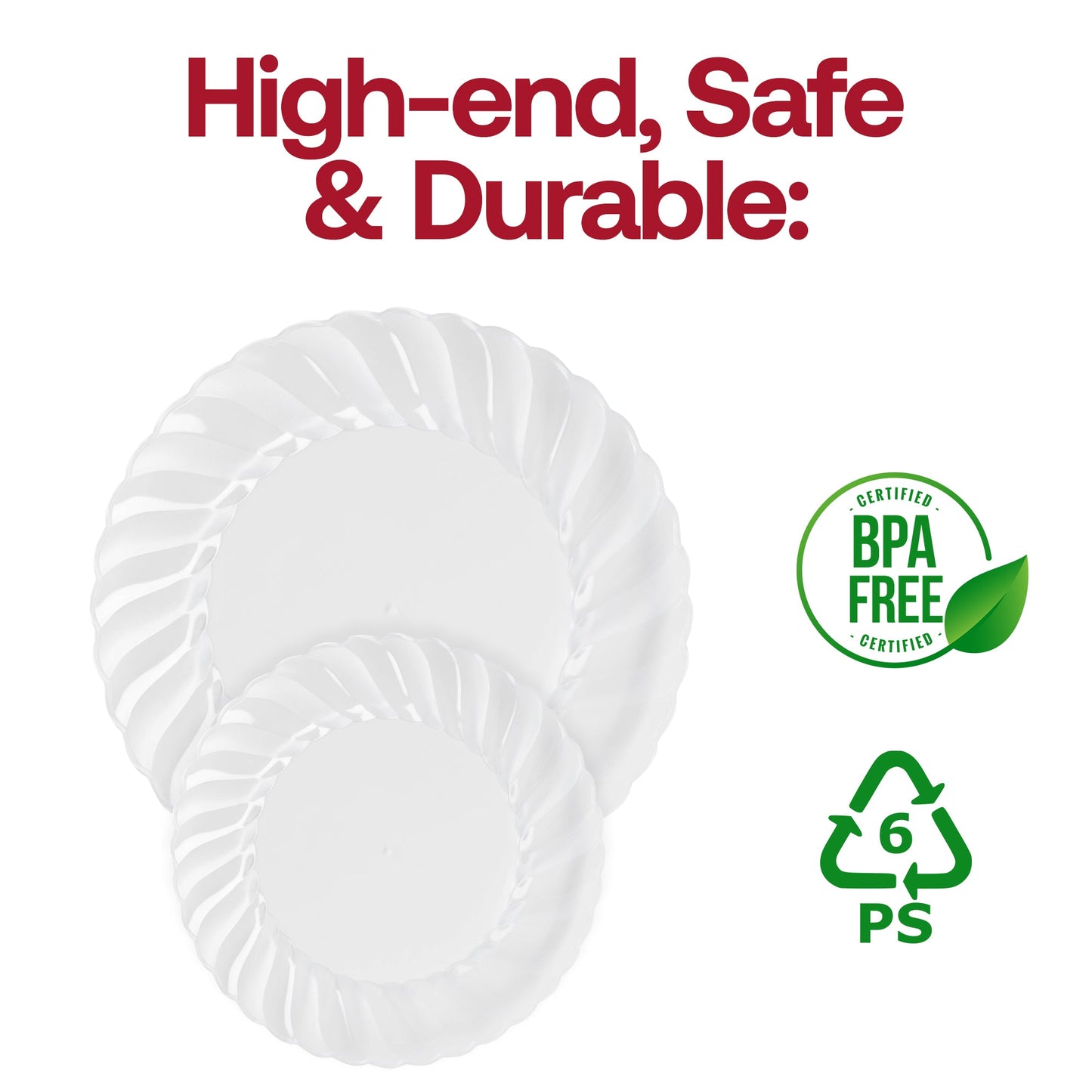 Disposable clear flair plates, 7.5-inch size, durable plastic, BPA-free