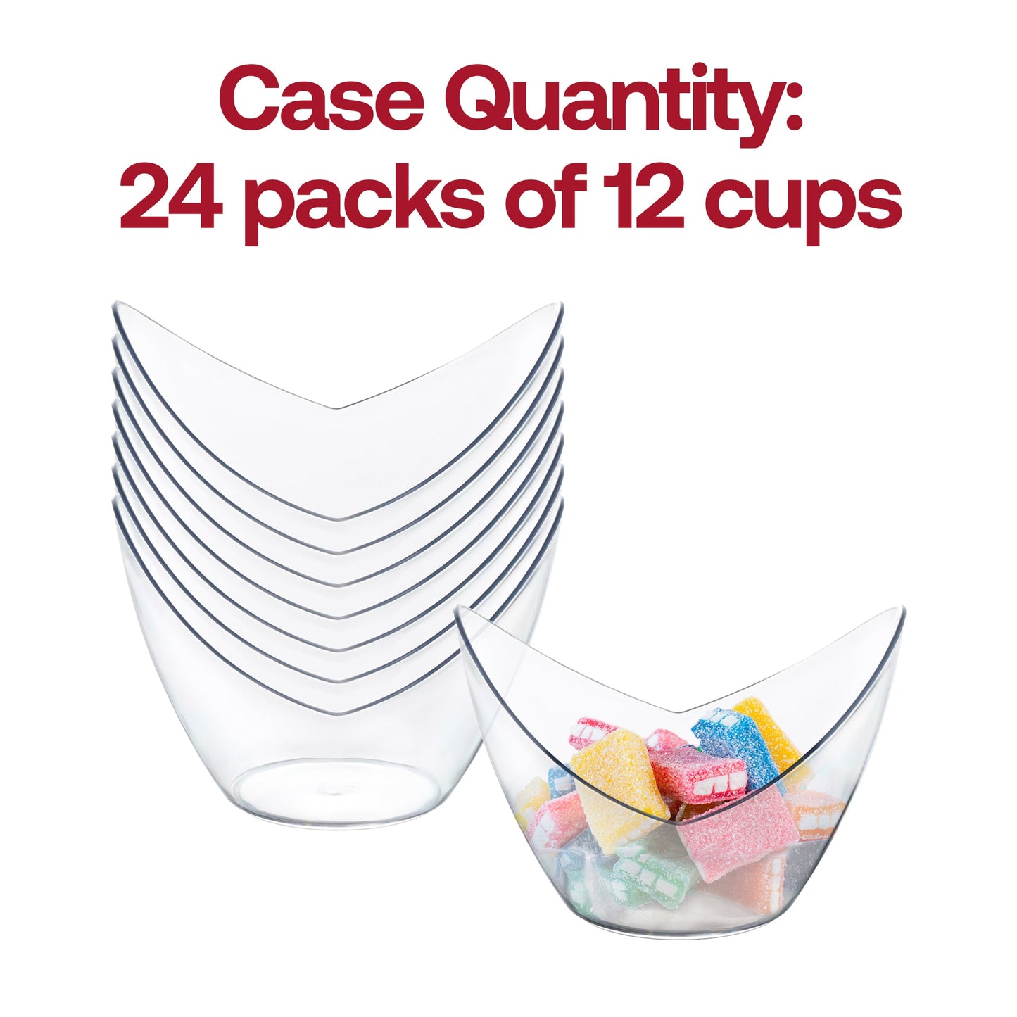Disposable clear small plastic concave cups, 2 oz capacity, 3.25" x 3", perfect for portioned servings of beverages or appetizers, 288 cups.