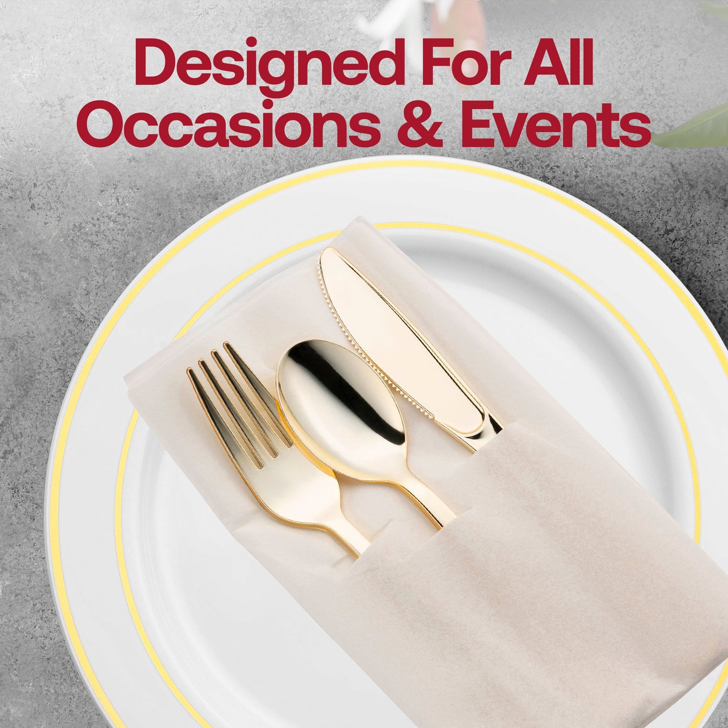 Disposable gold plastic silverware set wrapped in a crisp white pocket napkin, convenient for large celebrations.