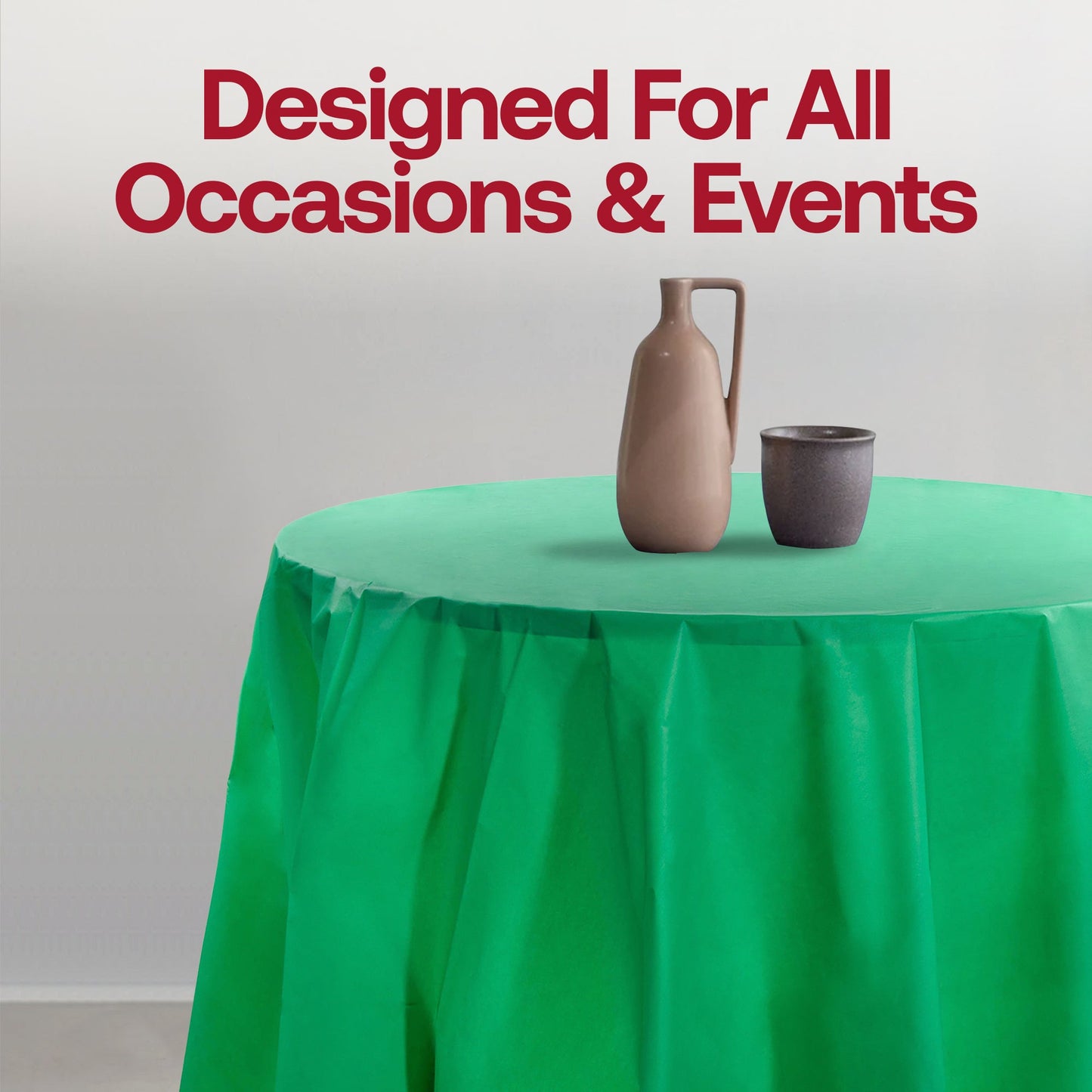 Disposable hunter green round plastic tablecloths, 84-inch size, ideal for quick cleanup at large gatherings, 96-pack.