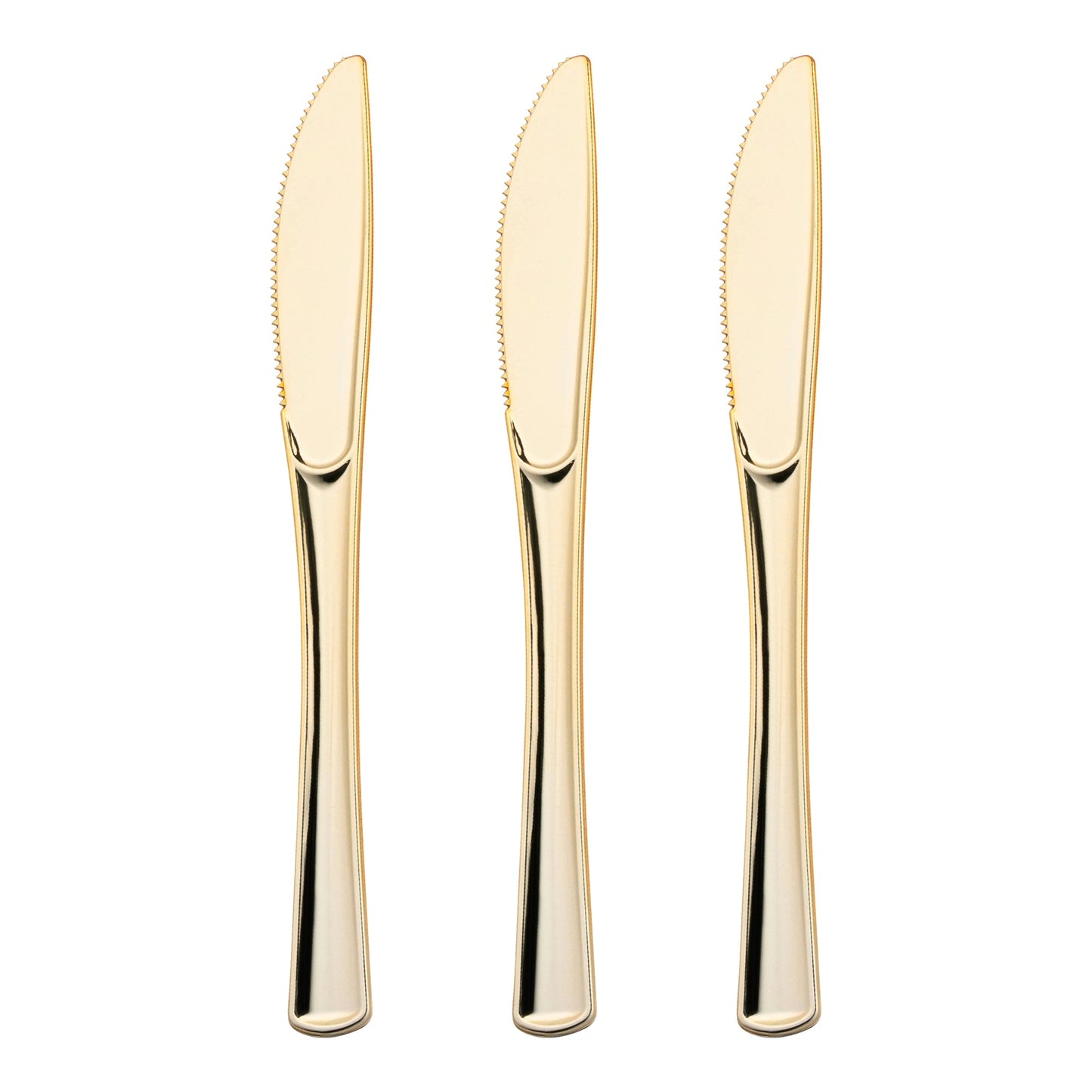 Disposable metallic gold plastic knives, offering convenience and sophistication for large gatherings and events